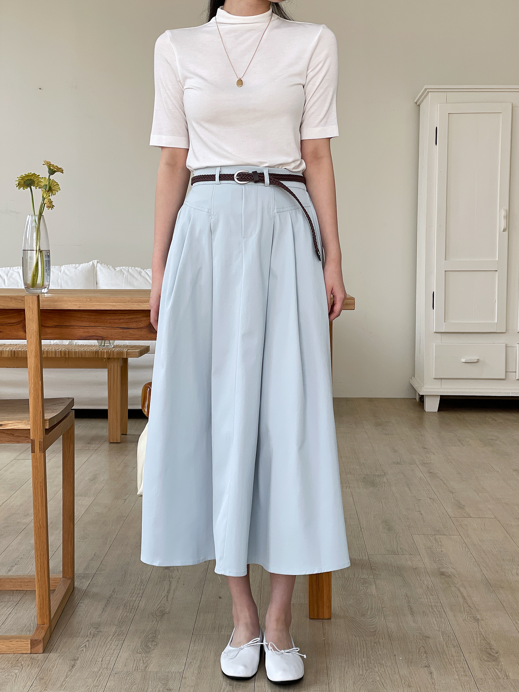 コットンシャーリングピンタックポケットラインバックゴムロングフレアAラインループ無地スカートベルト付 | 詳細画像2