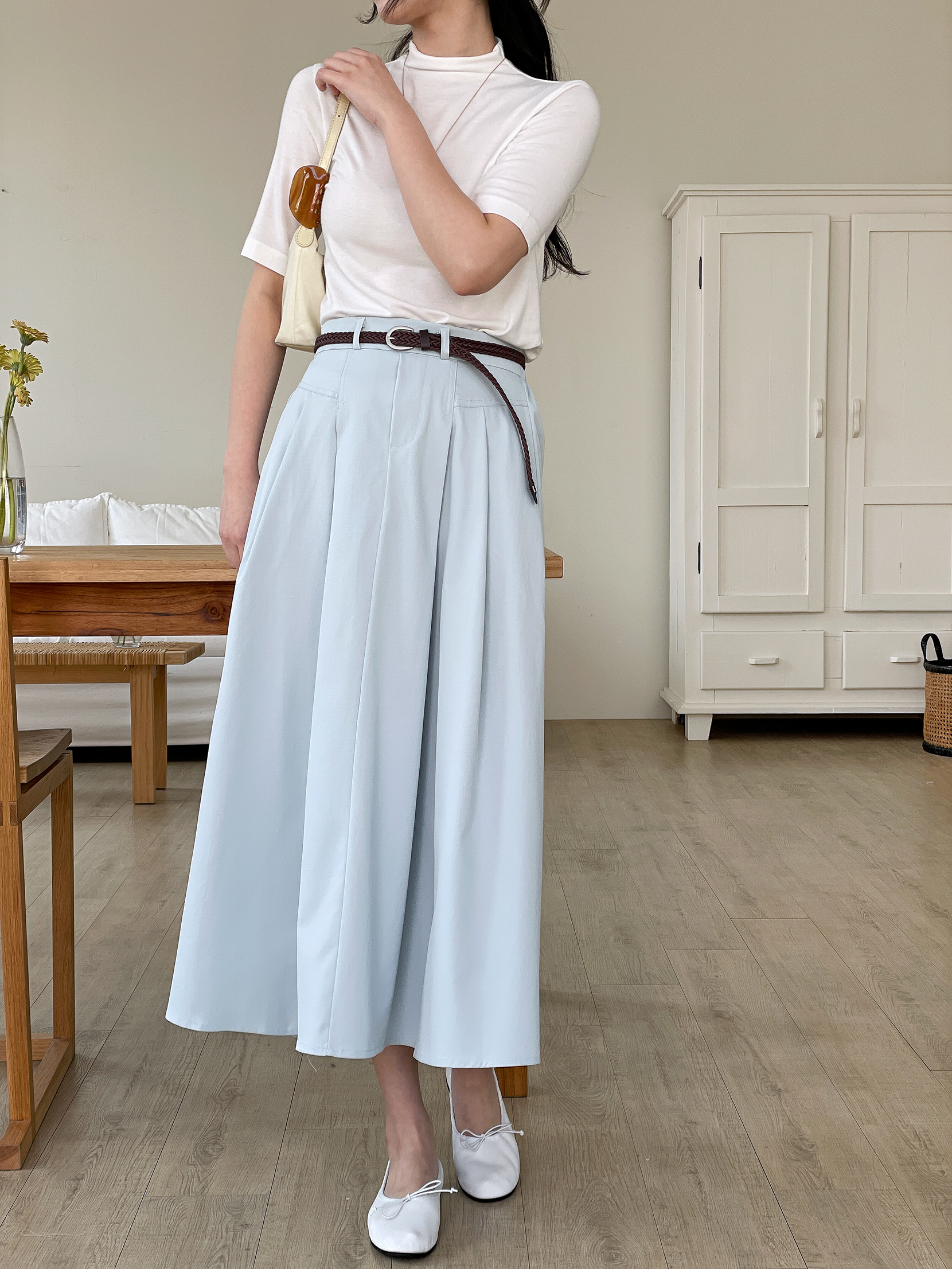 コットンシャーリングピンタックポケットラインバックゴムロングフレアAラインループ無地スカートベルト付 | 詳細画像3