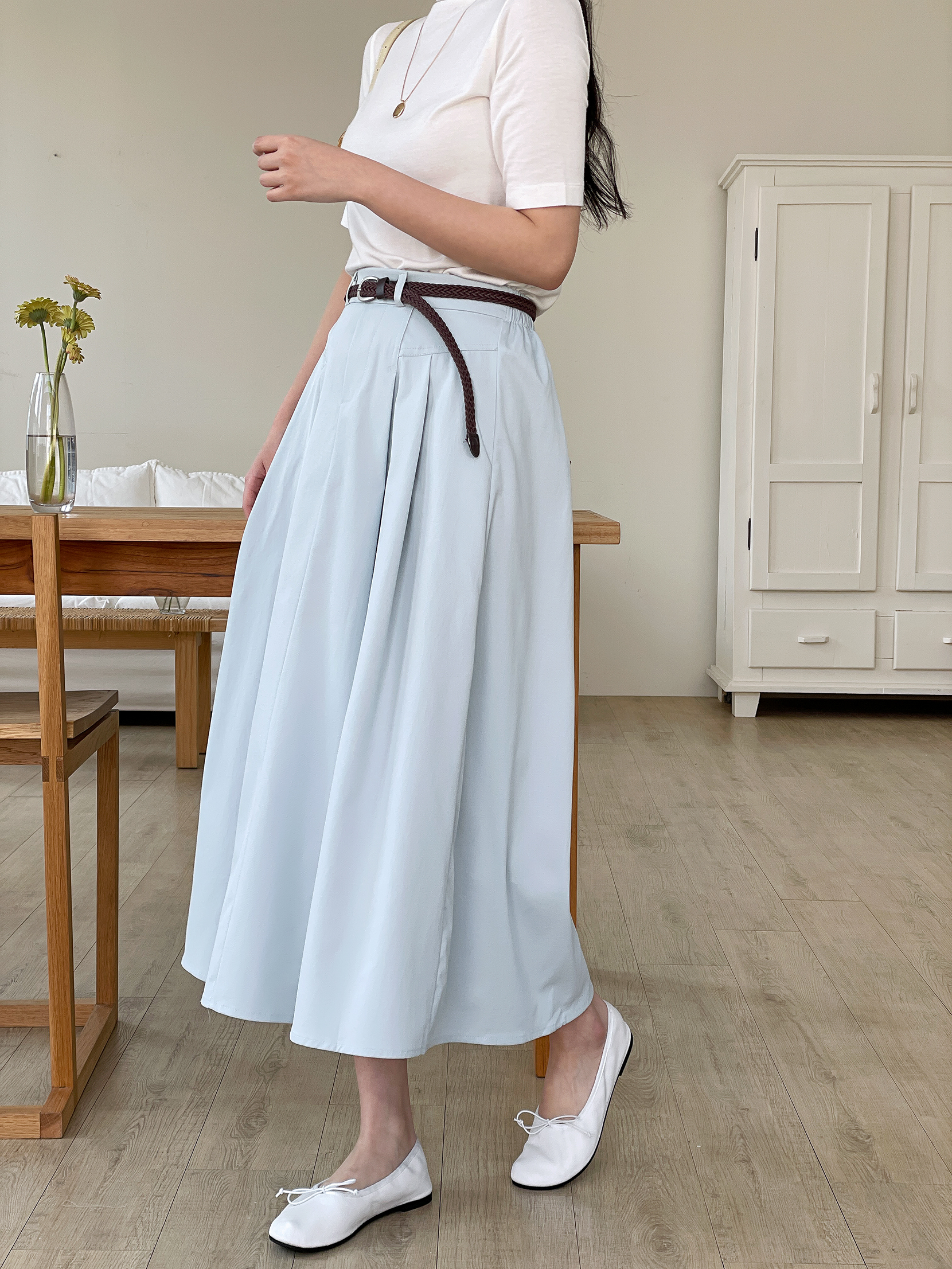 コットンシャーリングピンタックポケットラインバックゴムロングフレアAラインループ無地スカートベルト付 | 詳細画像4