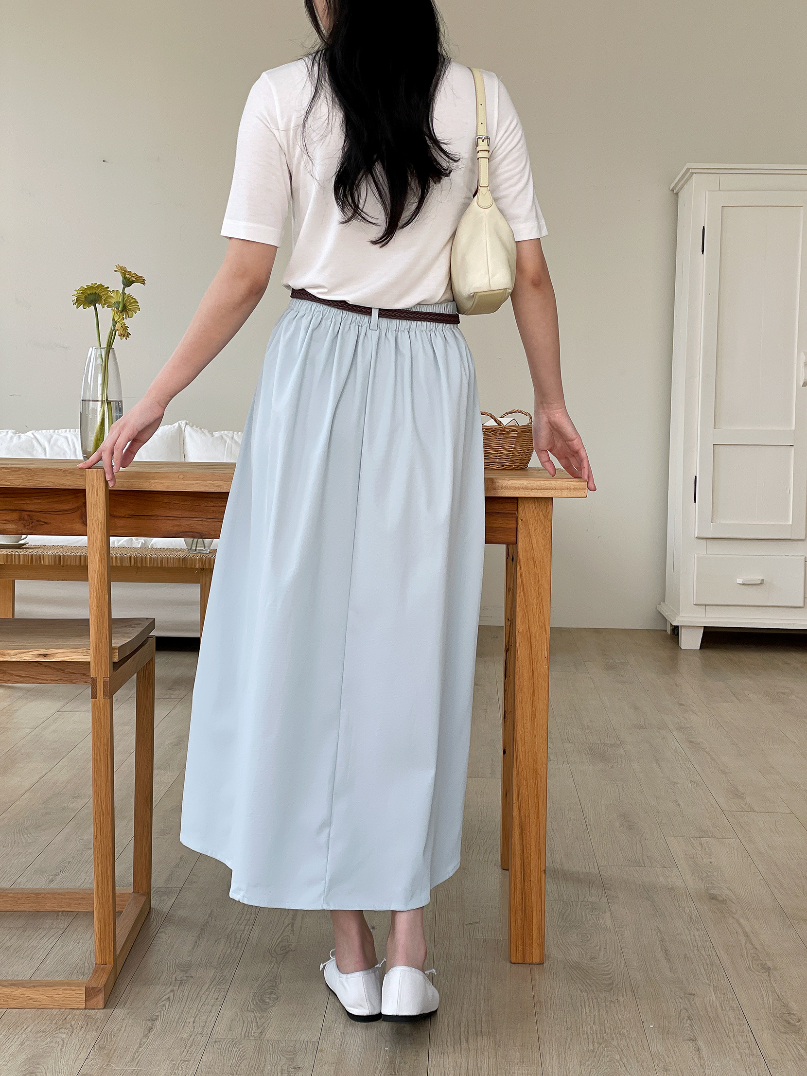 コットンシャーリングピンタックポケットラインバックゴムロングフレアAラインループ無地スカートベルト付 | 詳細画像5
