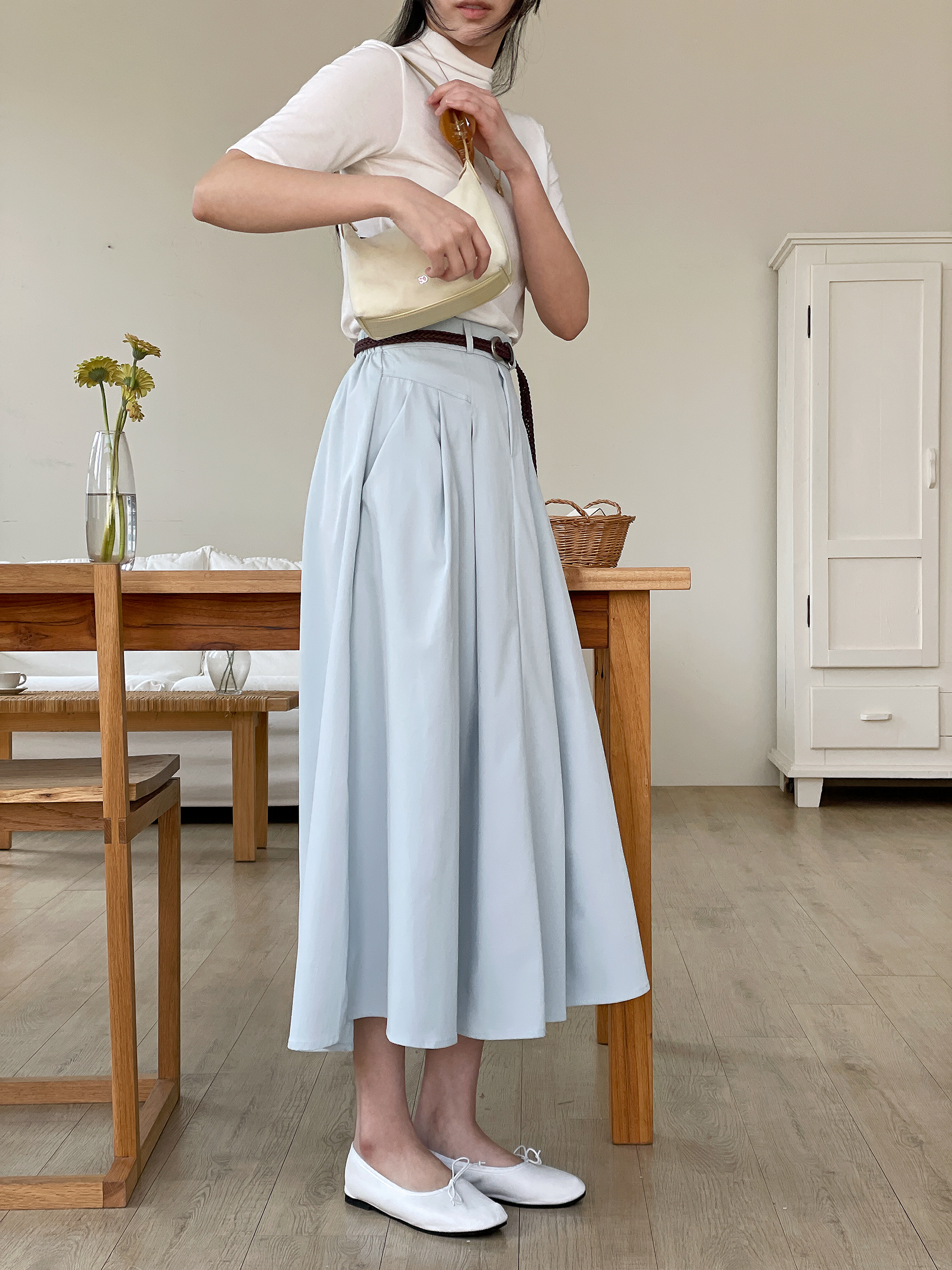コットンシャーリングピンタックポケットラインバックゴムロングフレアAラインループ無地スカートベルト付 | 詳細画像6