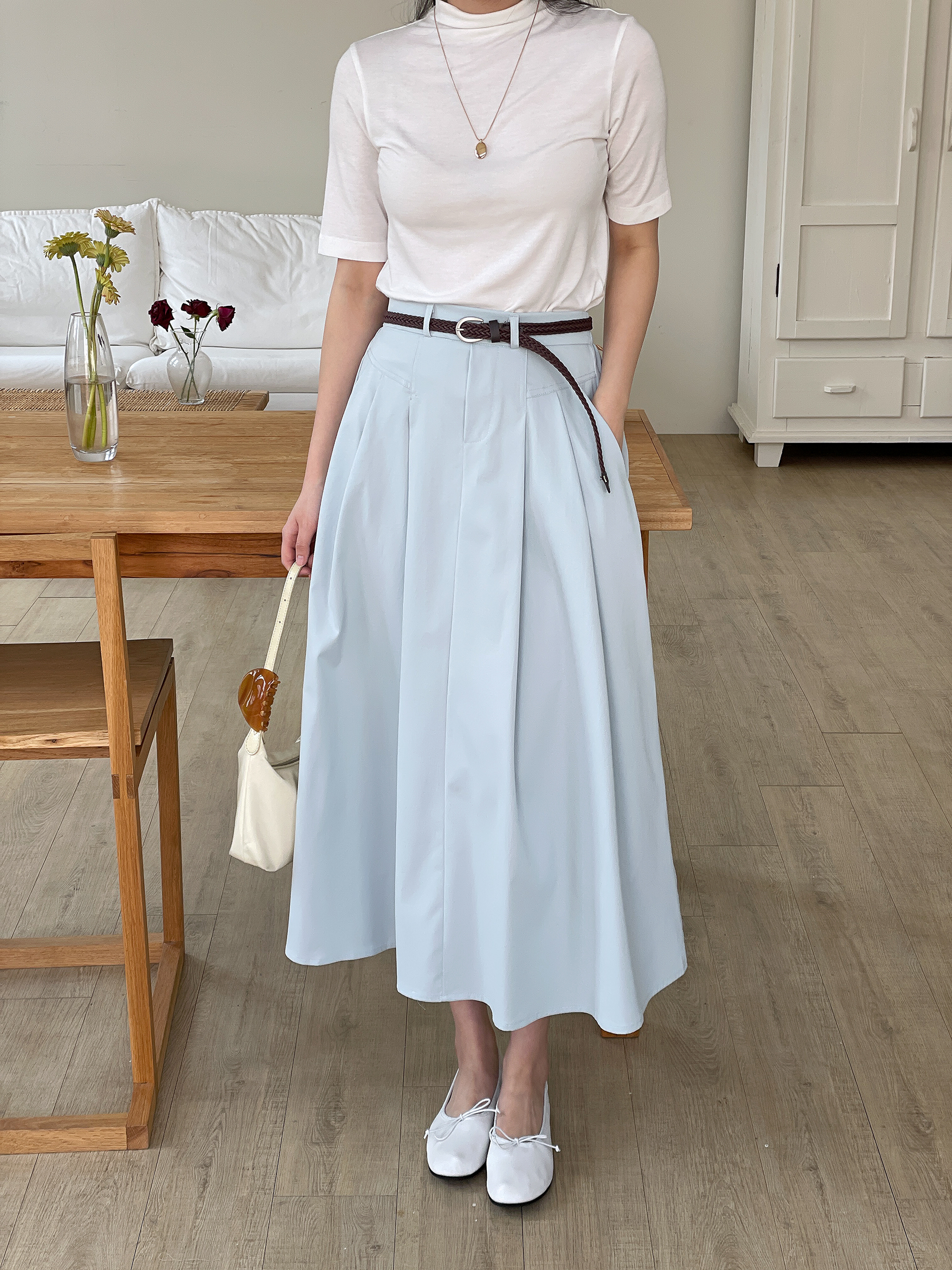 コットンシャーリングピンタックポケットラインバックゴムロングフレアAラインループ無地スカートベルト付 | 詳細画像7