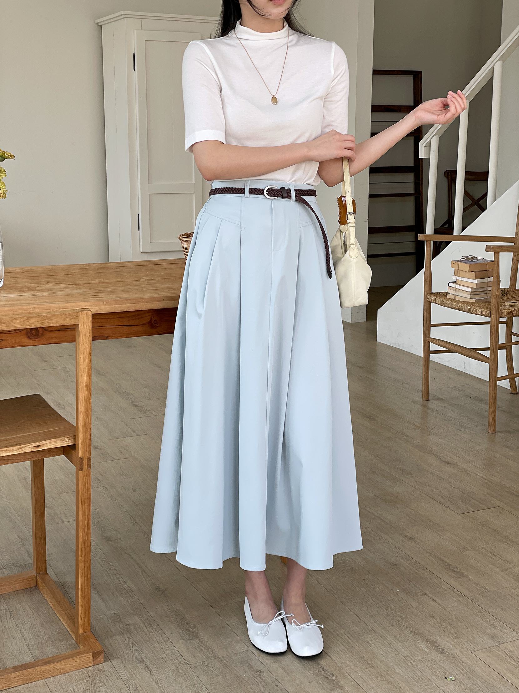 コットンシャーリングピンタックポケットラインバックゴムロングフレアAラインループ無地スカートベルト付 | 詳細画像8