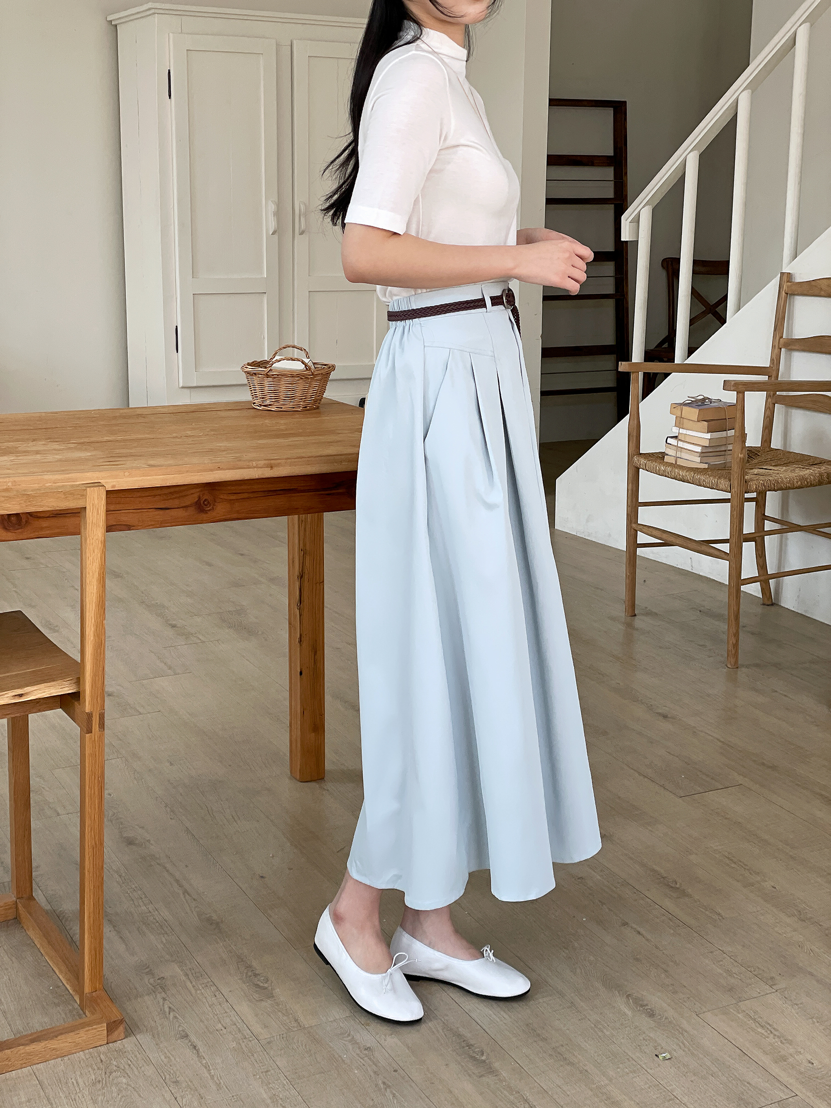 コットンシャーリングピンタックポケットラインバックゴムロングフレアAラインループ無地スカートベルト付 | 詳細画像9