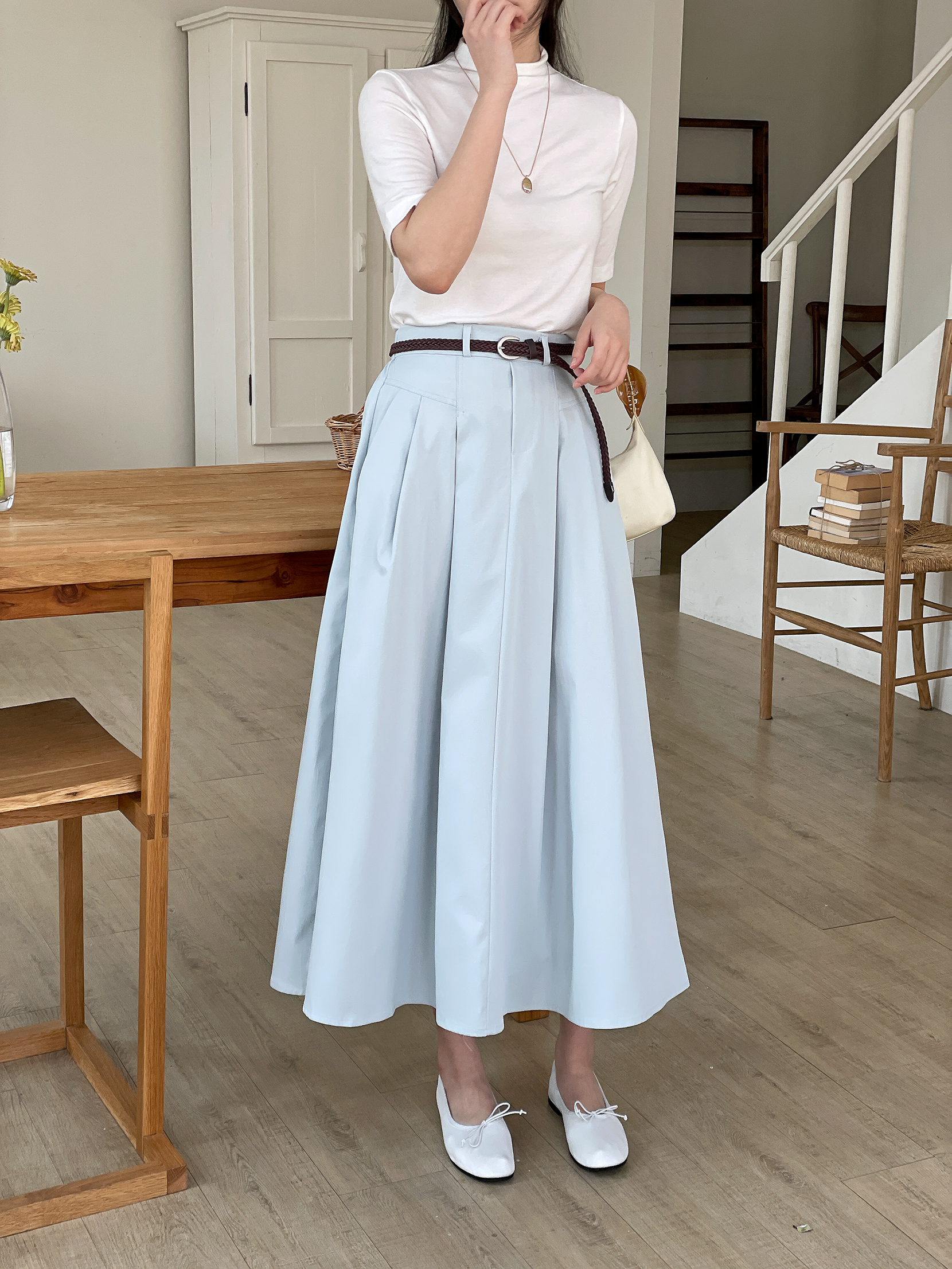 コットンシャーリングピンタックポケットラインバックゴムロングフレアAラインループ無地スカートベルト付 | 詳細画像10