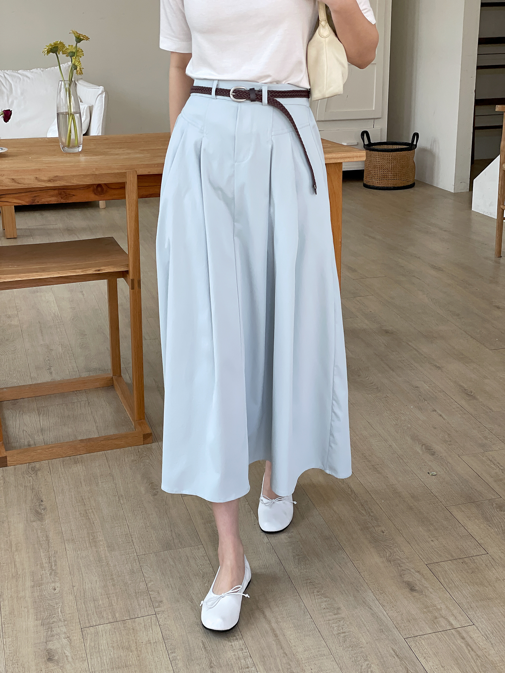 コットンシャーリングピンタックポケットラインバックゴムロングフレアAラインループ無地スカートベルト付 | 詳細画像12
