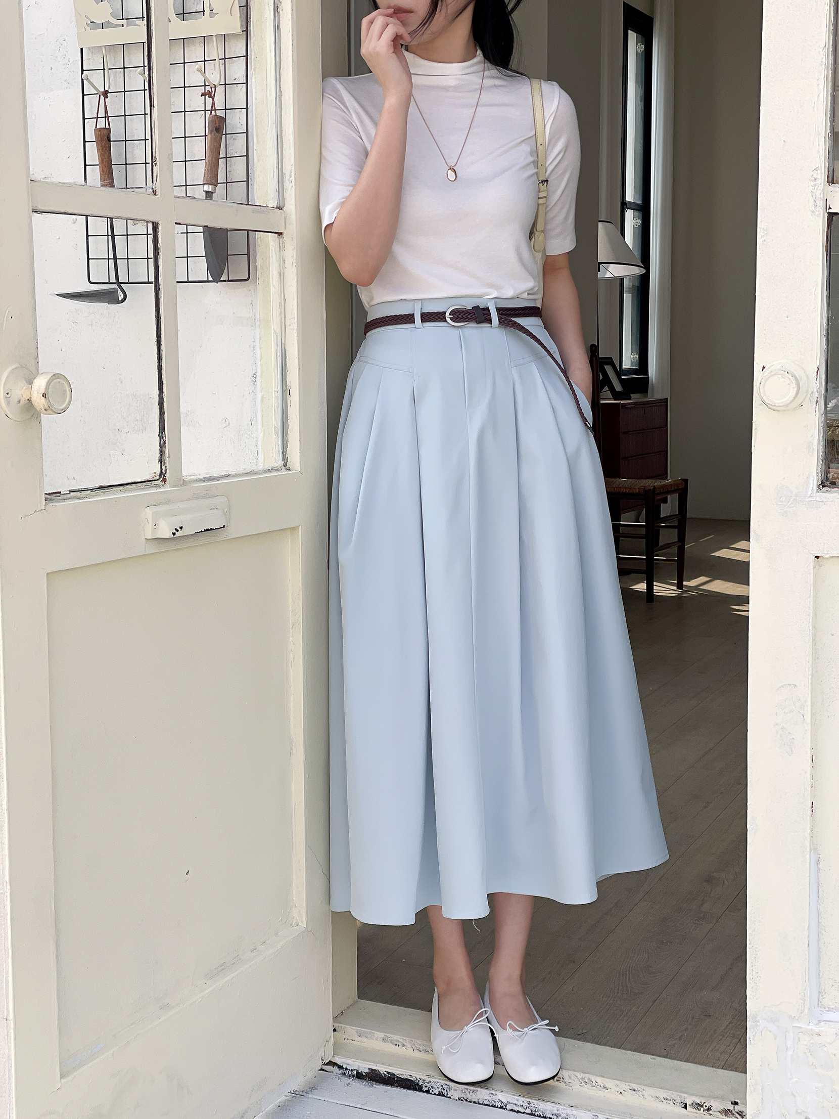 コットンシャーリングピンタックポケットラインバックゴムロングフレアAラインループ無地スカートベルト付 | 詳細画像13