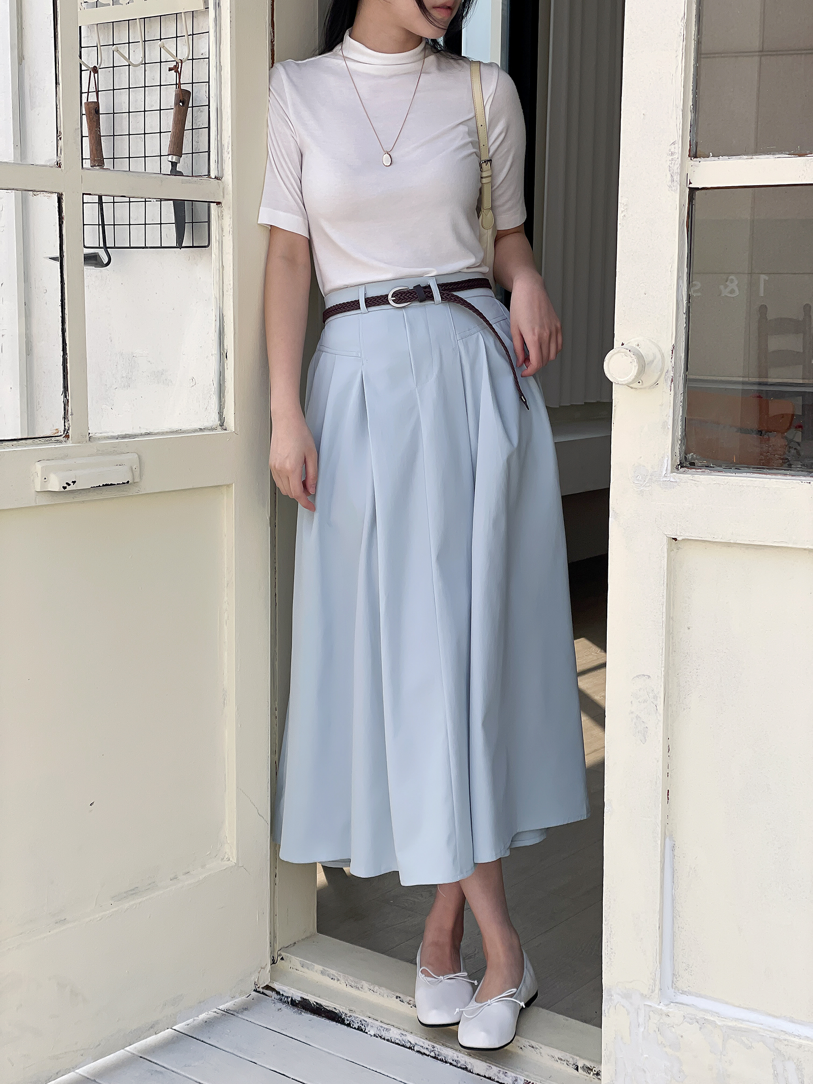 コットンシャーリングピンタックポケットラインバックゴムロングフレアAラインループ無地スカートベルト付 | 詳細画像14