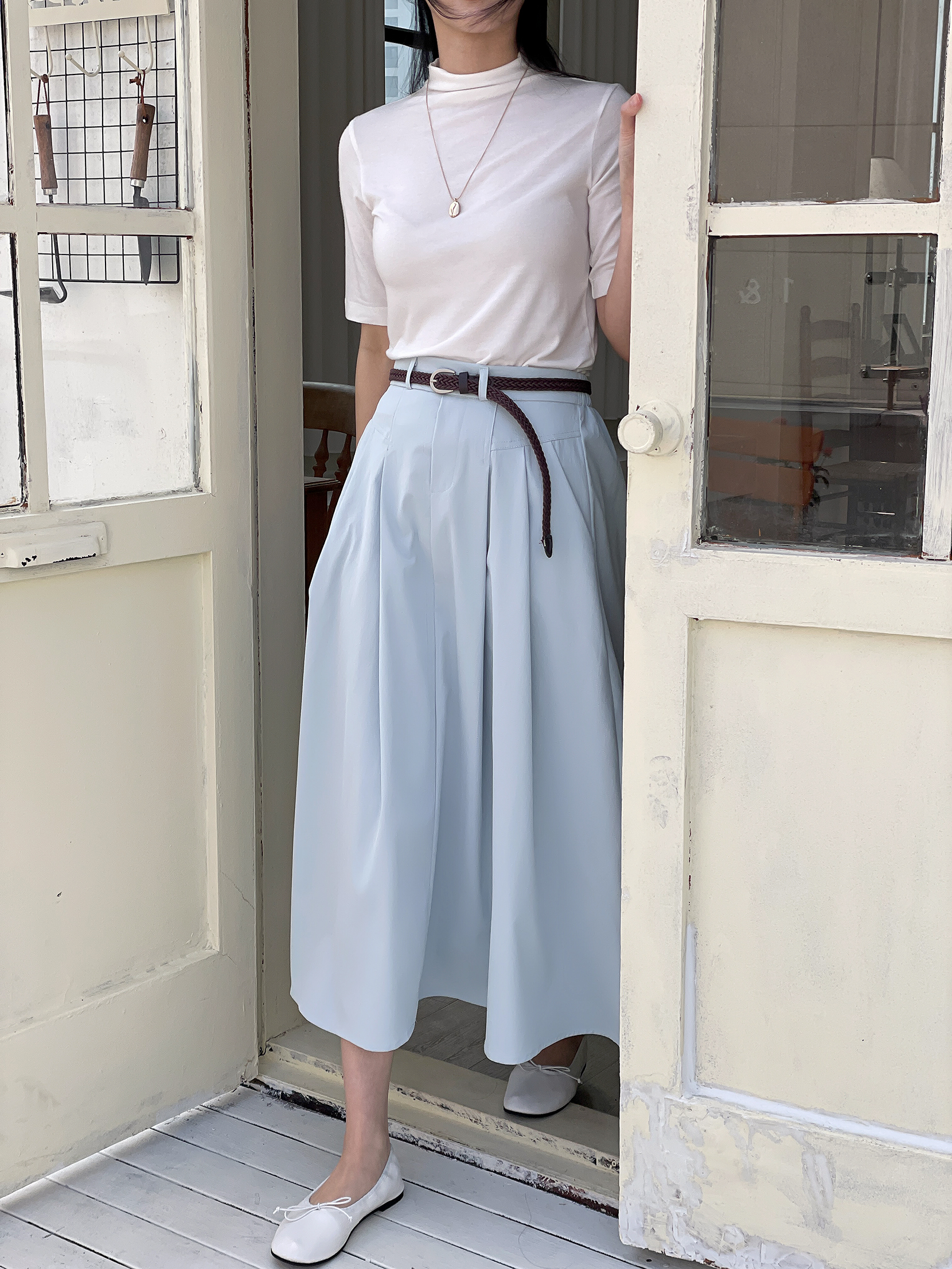 コットンシャーリングピンタックポケットラインバックゴムロングフレアAラインループ無地スカートベルト付 | 詳細画像15