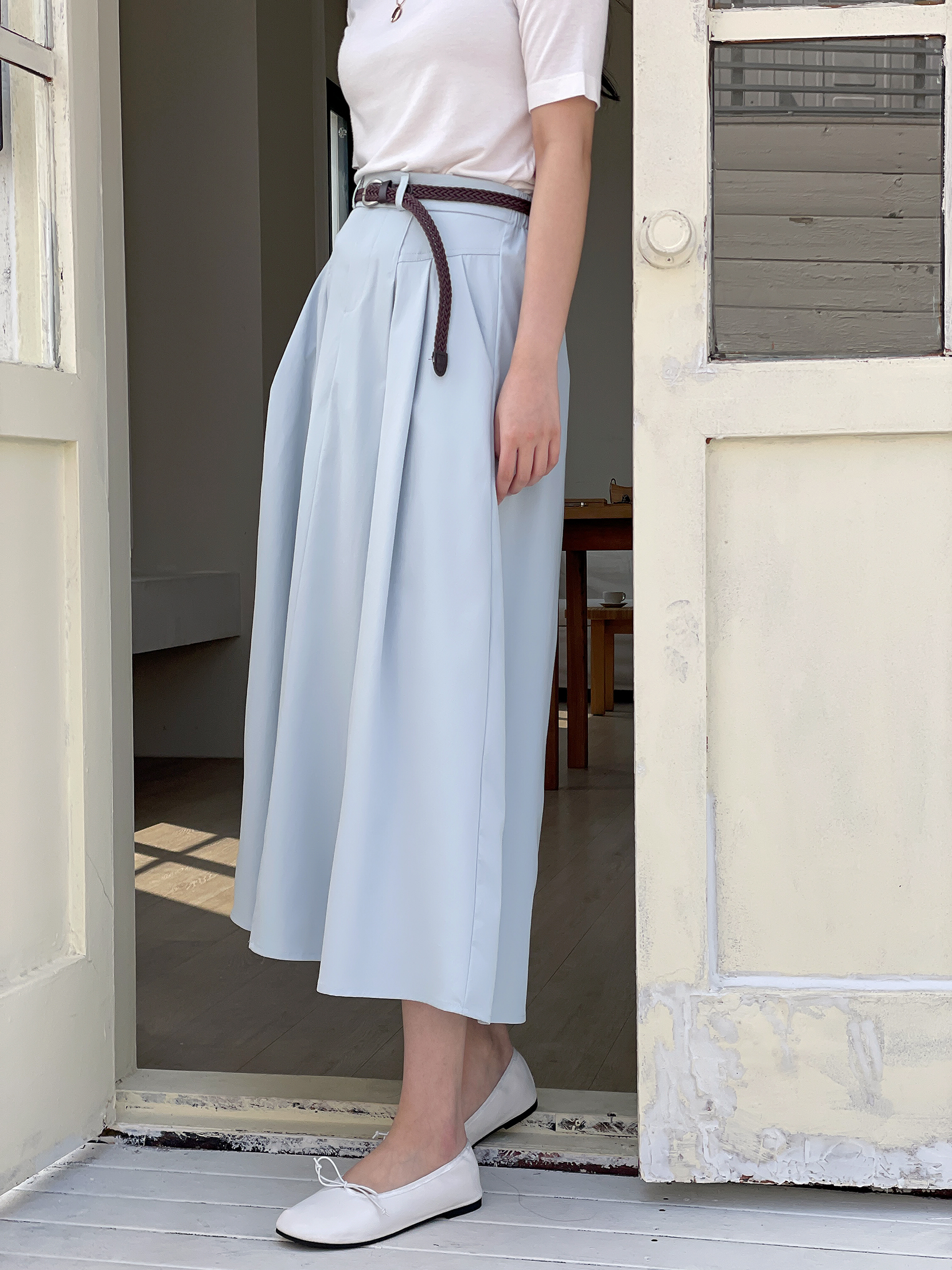 コットンシャーリングピンタックポケットラインバックゴムロングフレアAラインループ無地スカートベルト付 | 詳細画像16