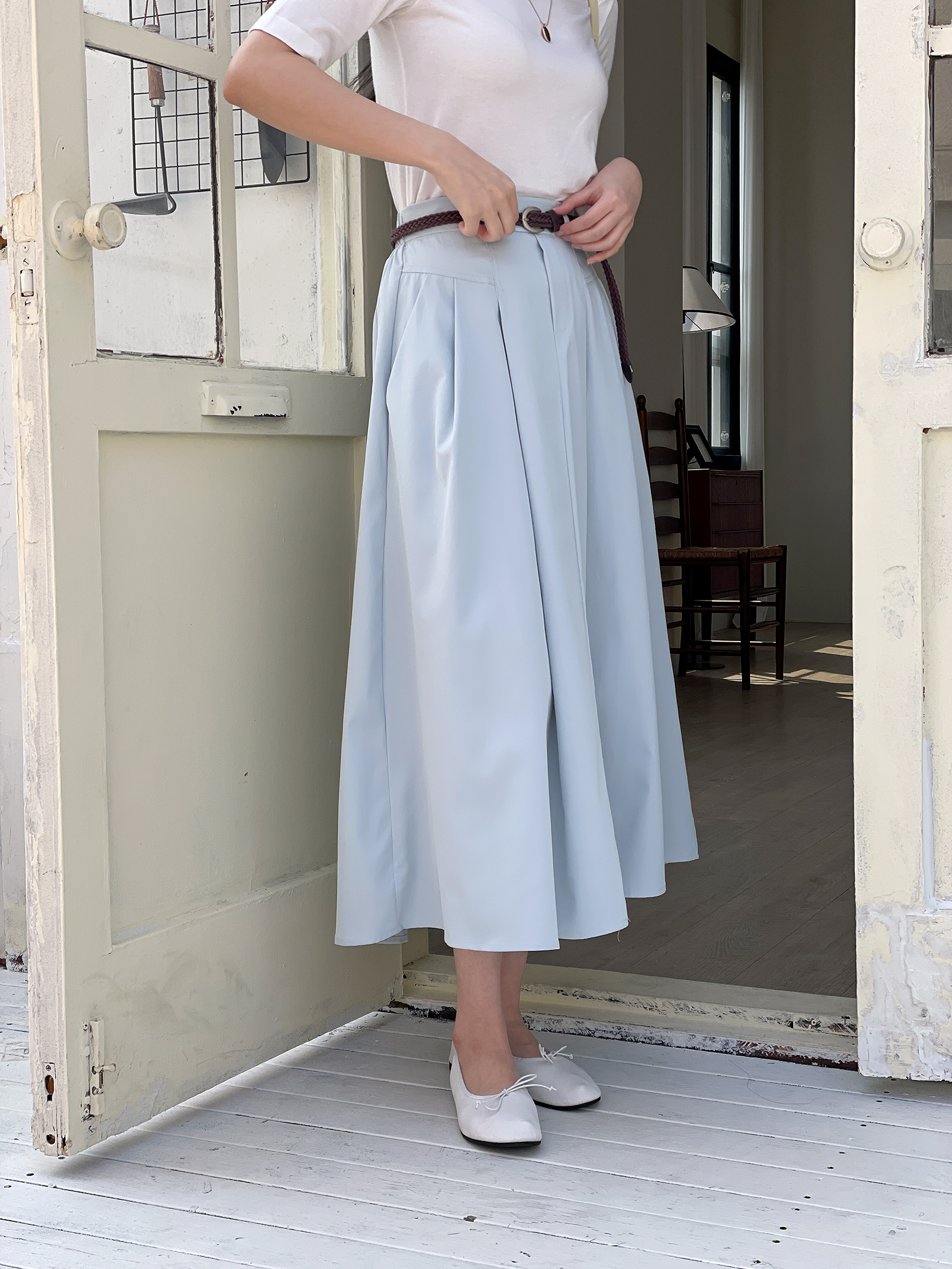 コットンシャーリングピンタックポケットラインバックゴムロングフレアAラインループ無地スカートベルト付 | 詳細画像17