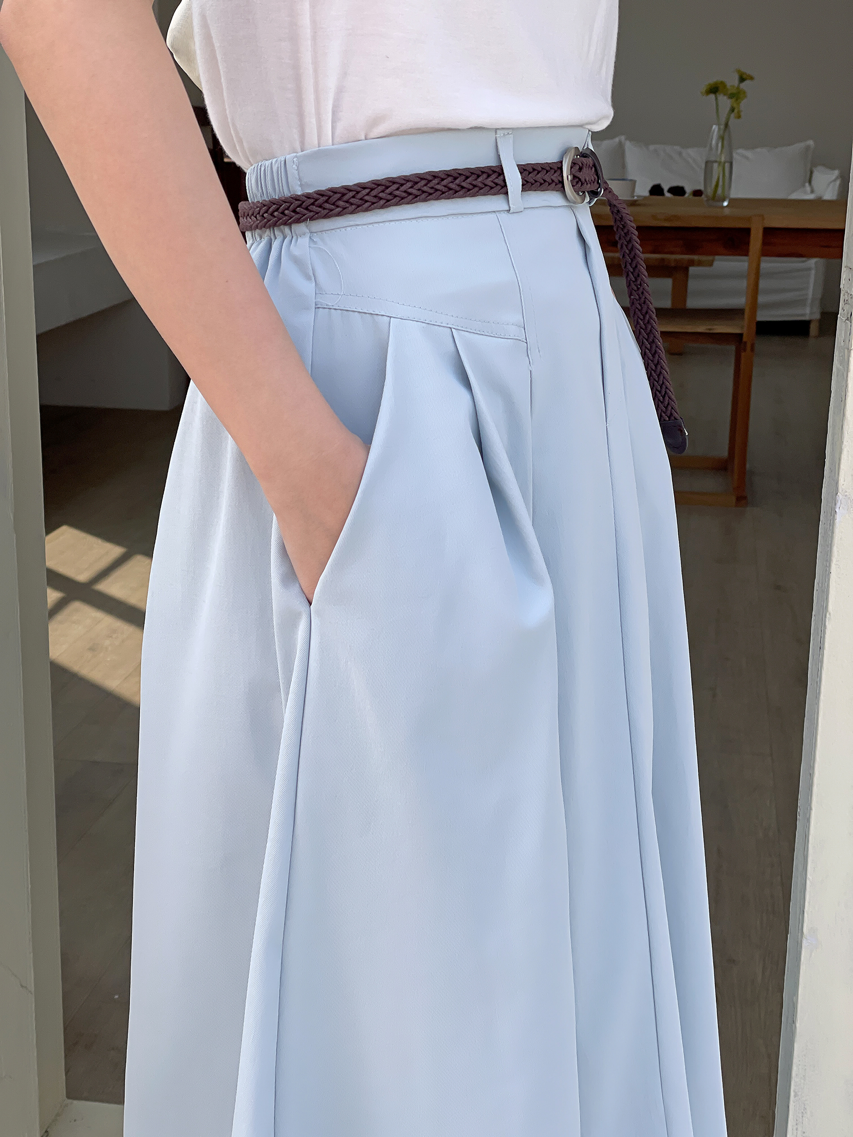 コットンシャーリングピンタックポケットラインバックゴムロングフレアAラインループ無地スカートベルト付 | 詳細画像18