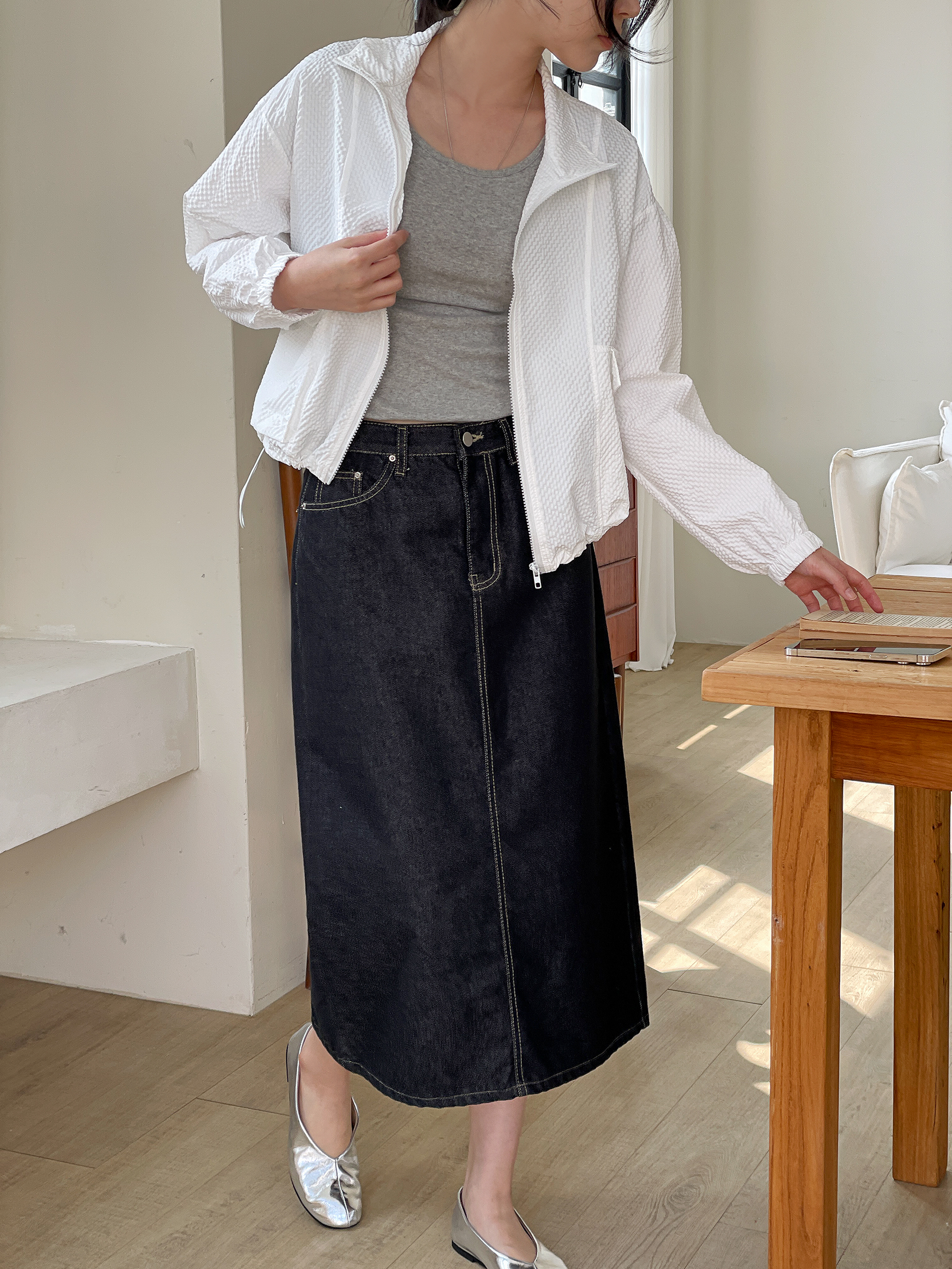 エンボスジップアップハイネックラインルーズ長袖フラップポケットドロップショルダージャンパー | 詳細画像5