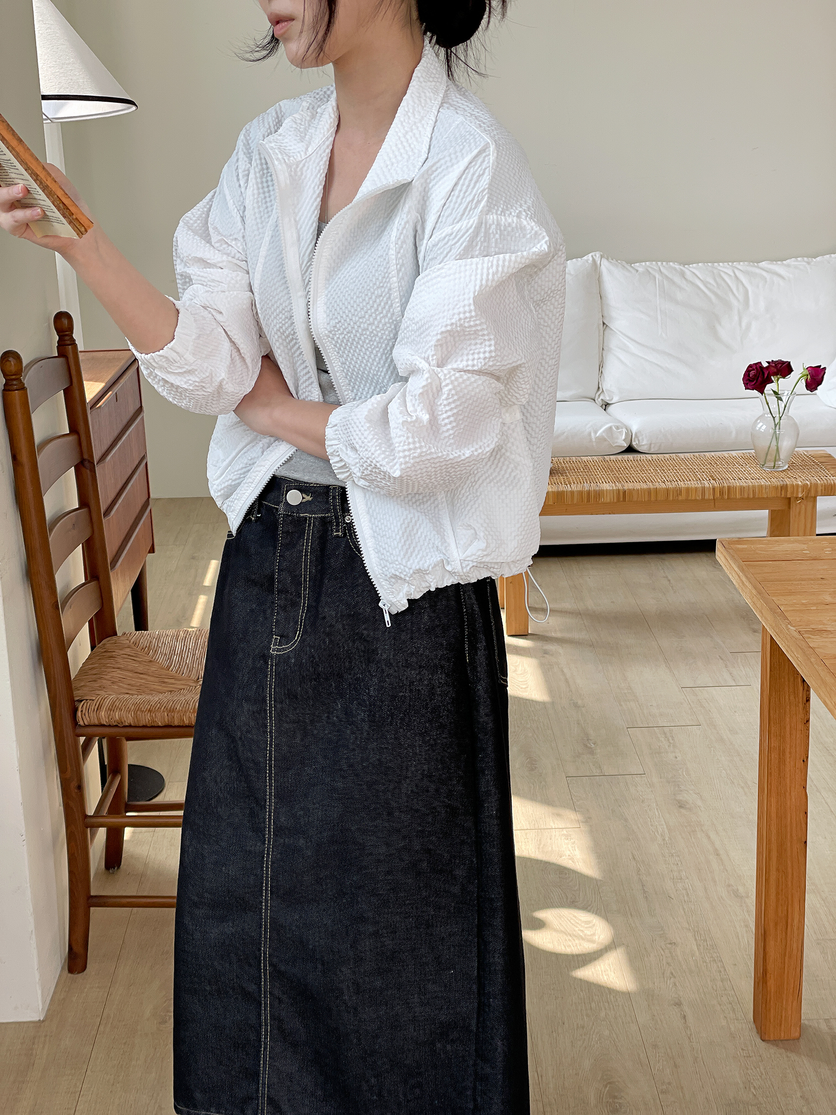 エンボスジップアップハイネックラインルーズ長袖フラップポケットドロップショルダージャンパー | 詳細画像8