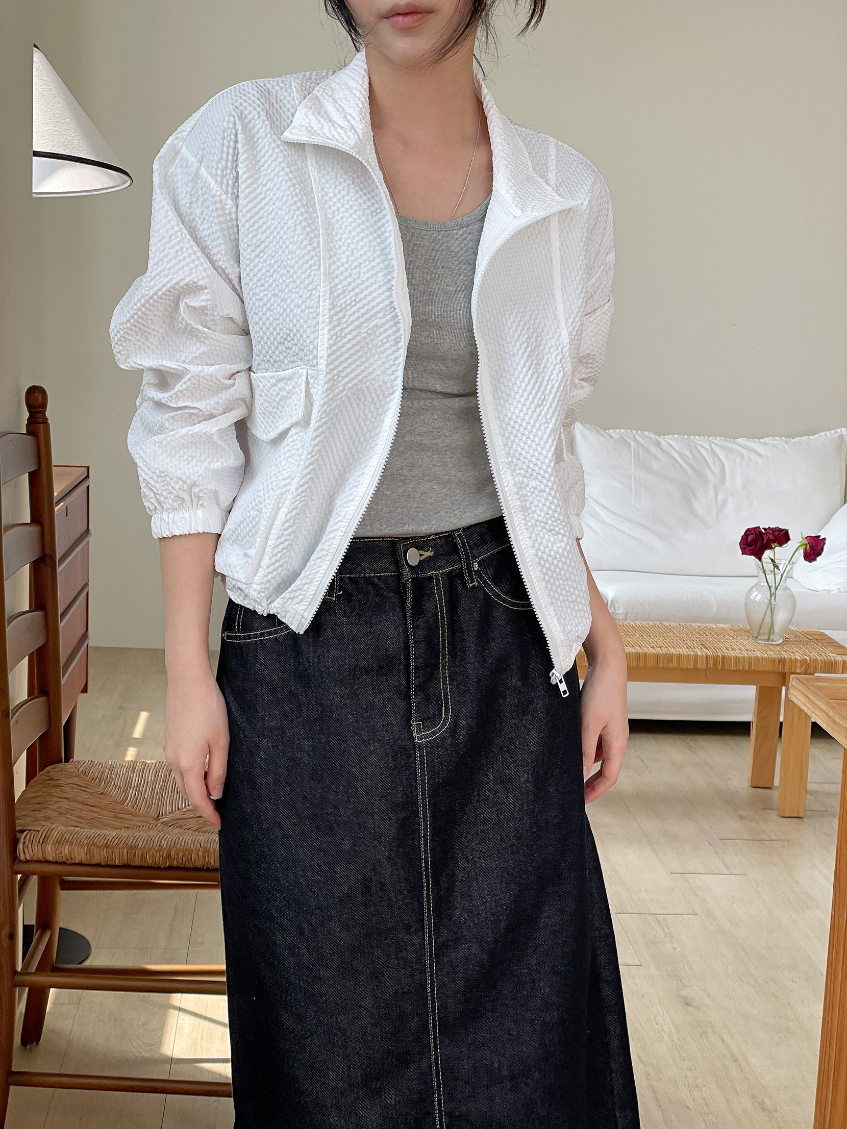 エンボスジップアップハイネックラインルーズ長袖フラップポケットドロップショルダージャンパー | 詳細画像10