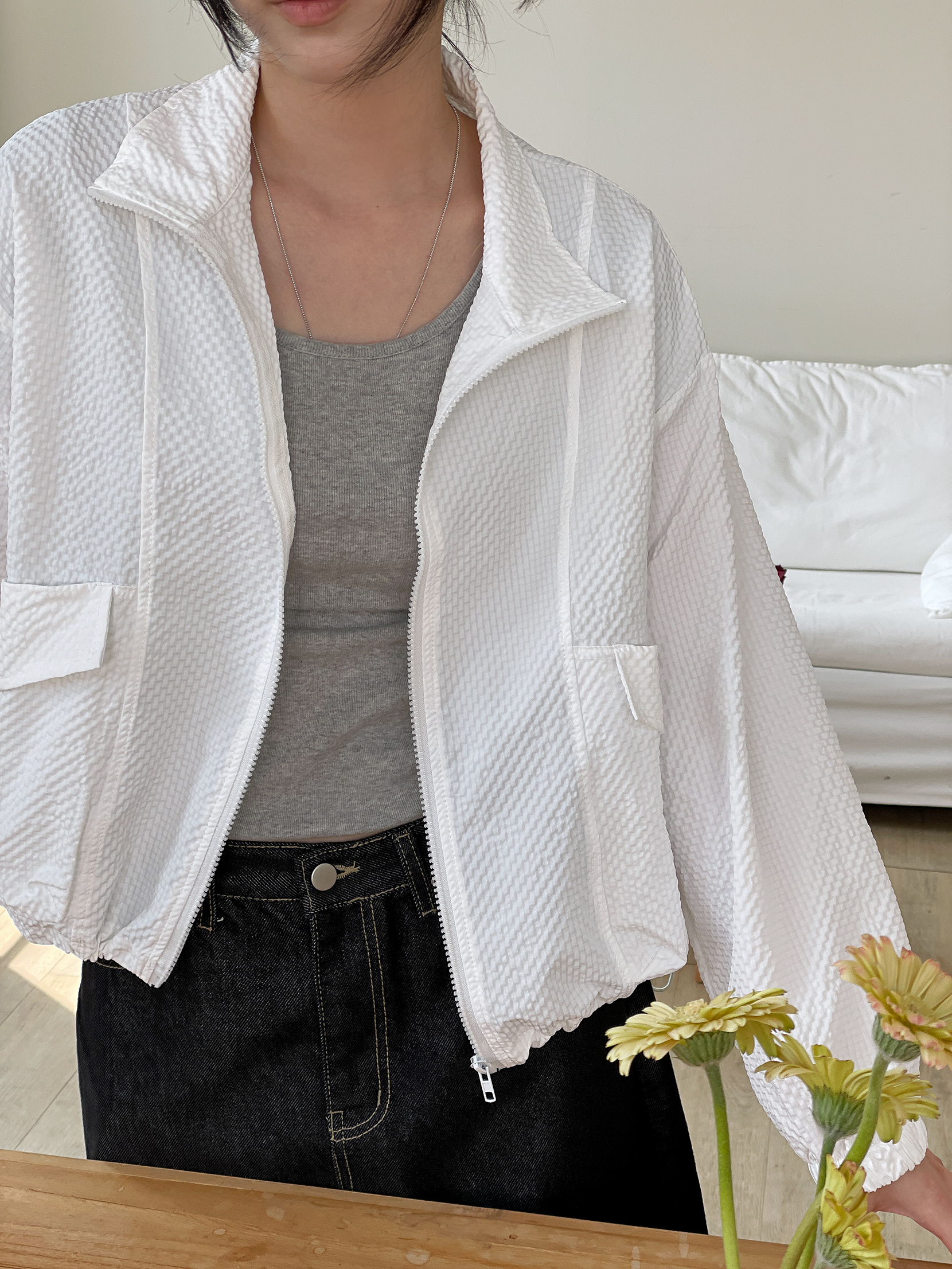 エンボスジップアップハイネックラインルーズ長袖フラップポケットドロップショルダージャンパー | 詳細画像11