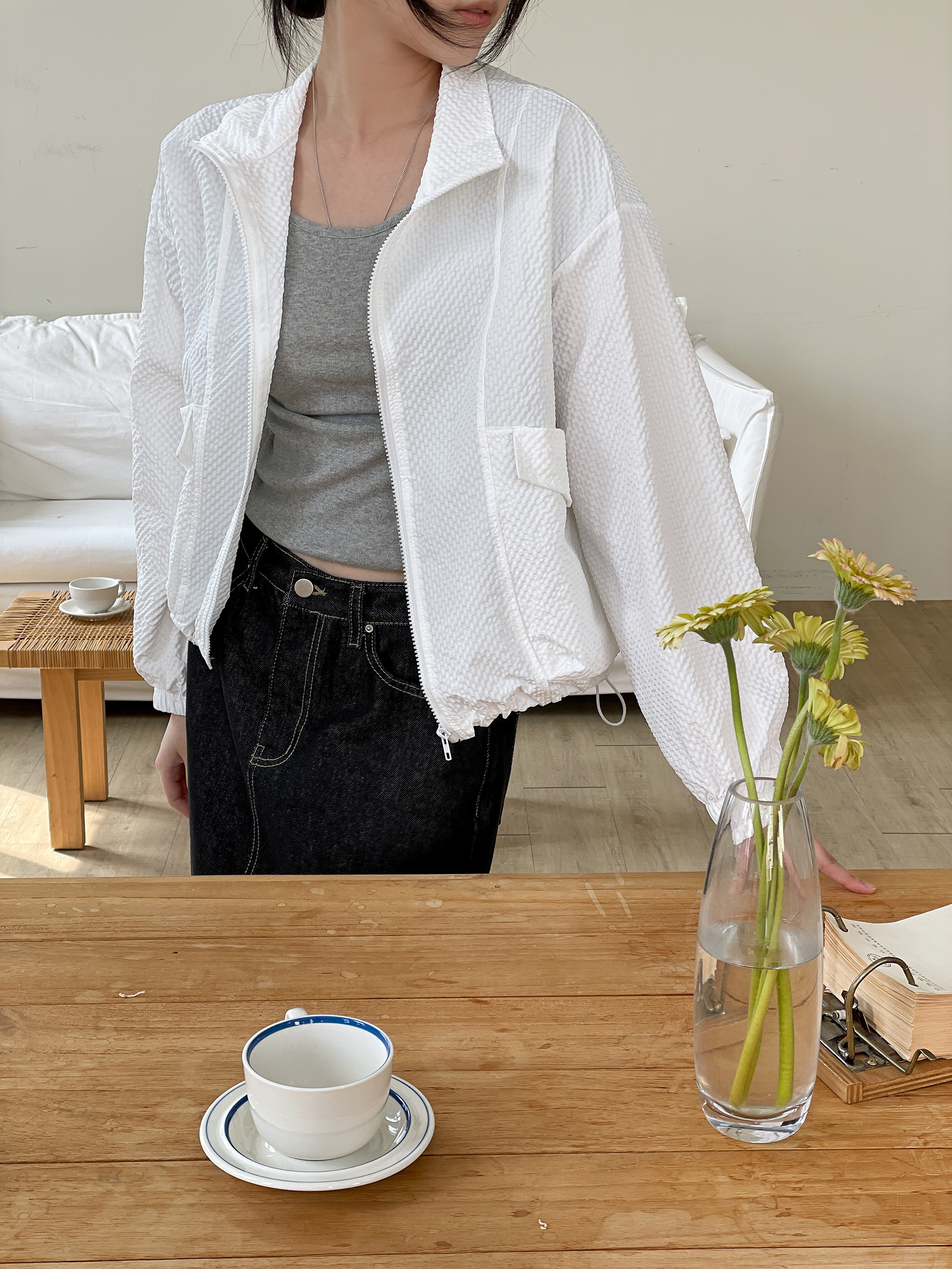 エンボスジップアップハイネックラインルーズ長袖フラップポケットドロップショルダージャンパー | 詳細画像12