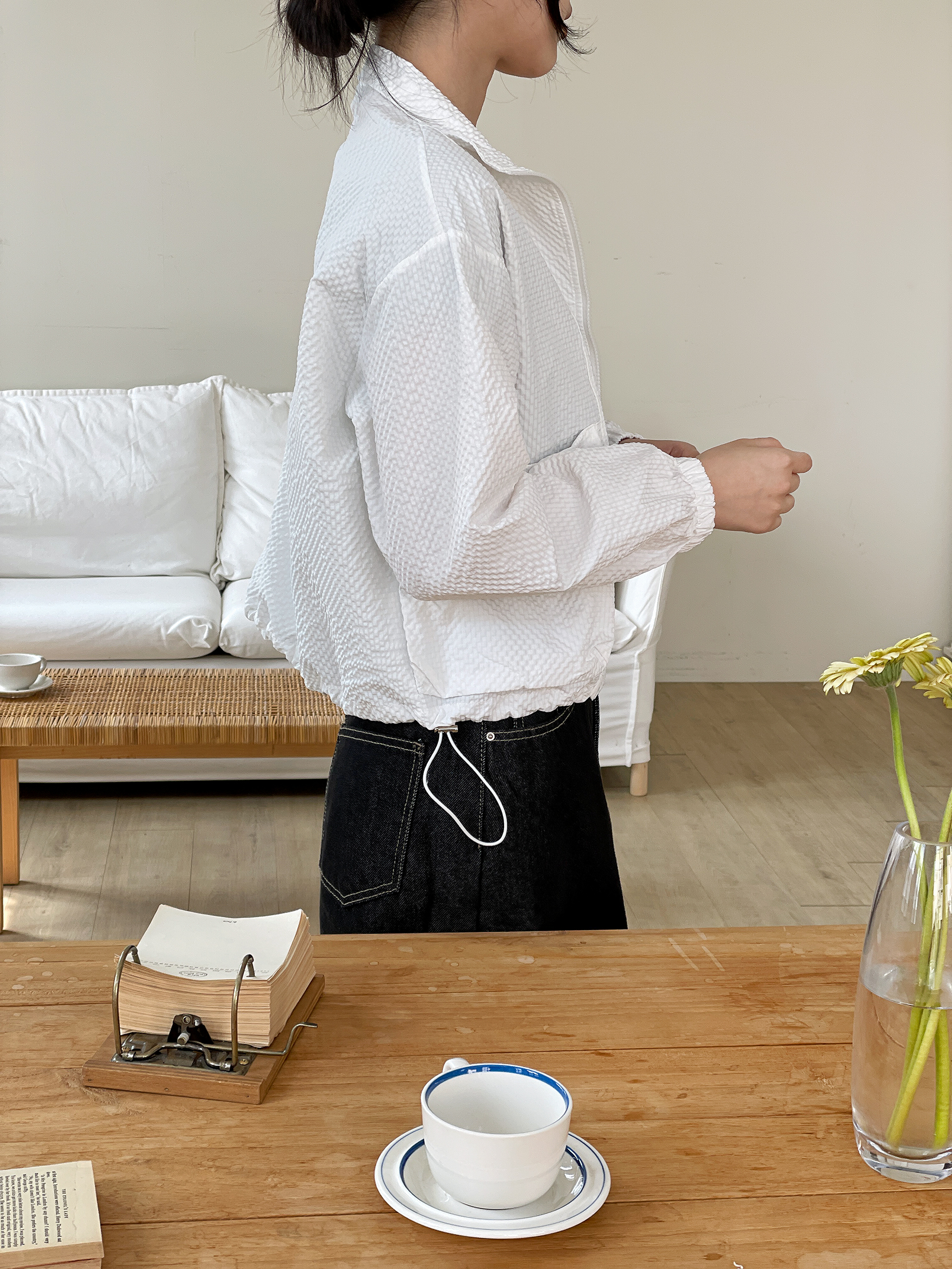 エンボスジップアップハイネックラインルーズ長袖フラップポケットドロップショルダージャンパー | 詳細画像14