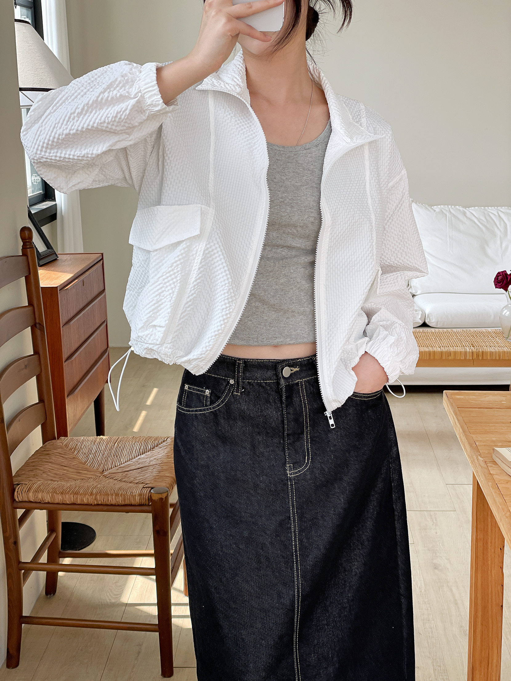 エンボスジップアップハイネックラインルーズ長袖フラップポケットドロップショルダージャンパー | 詳細画像16