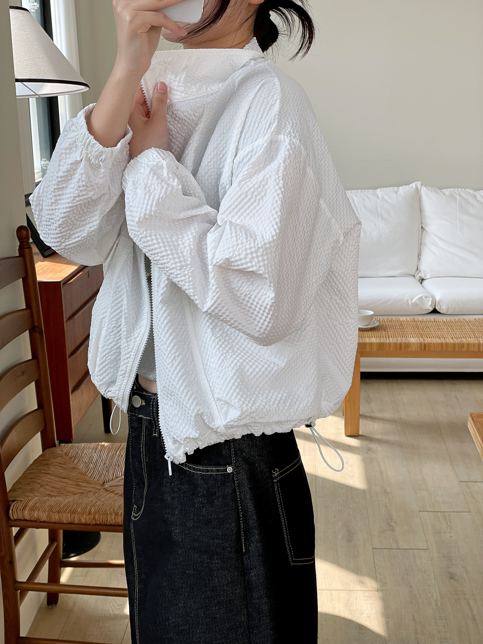 エンボスジップアップハイネックラインルーズ長袖フラップポケットドロップショルダージャンパー | 詳細画像17