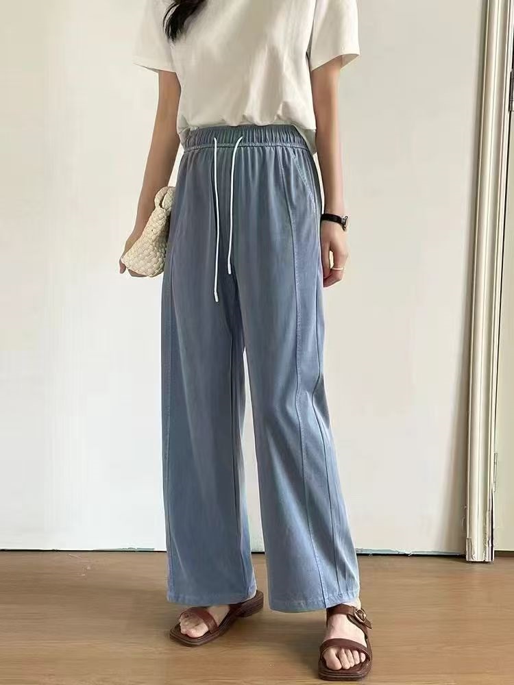 ドローストリングポケットラインウエストゴムストレートワイド無地パンツ | 詳細画像3