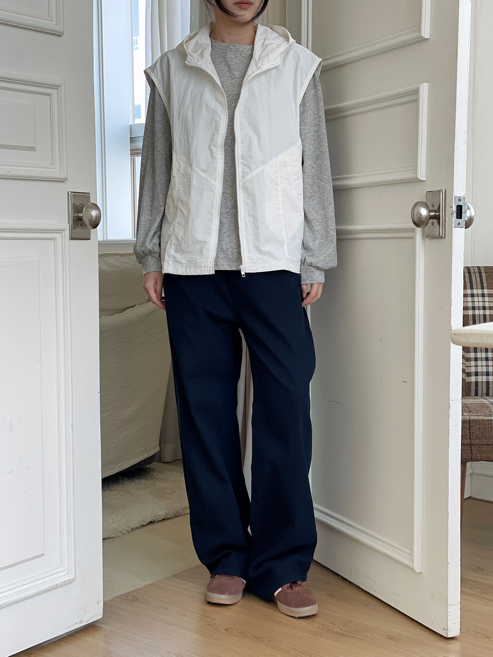 ジップアップフードポケットラインオーバーサイズドローコードルーズビッグ無地ジャンパーベスト | 詳細画像2