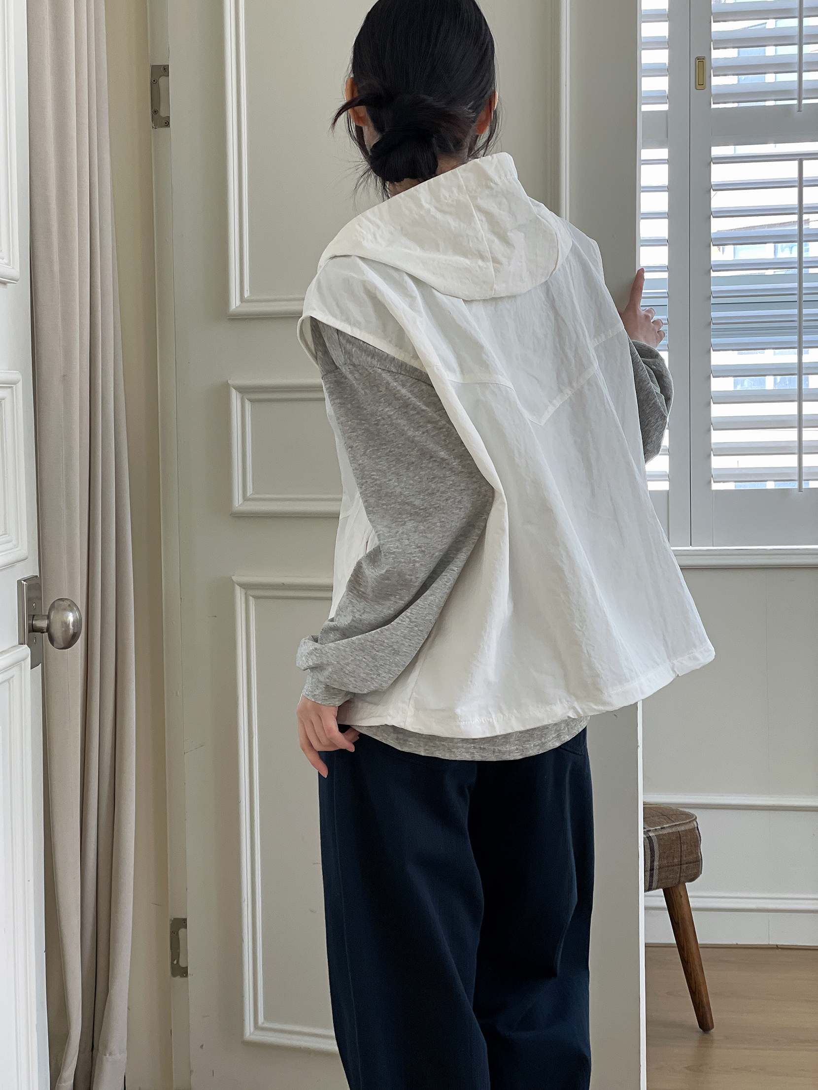 ジップアップフードポケットラインオーバーサイズドローコードルーズビッグ無地ジャンパーベスト | 詳細画像4