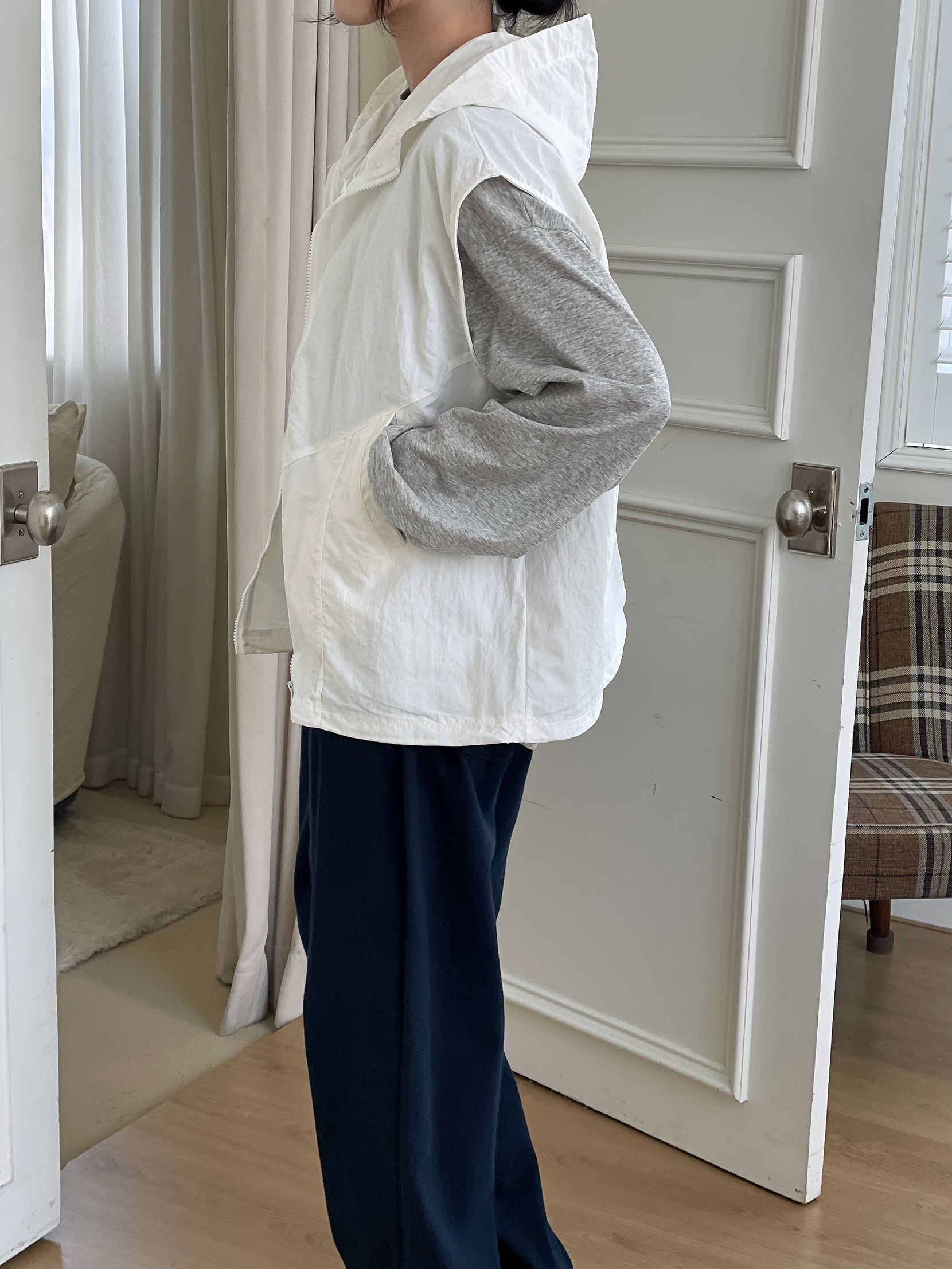 ジップアップフードポケットラインオーバーサイズドローコードルーズビッグ無地ジャンパーベスト | 詳細画像5