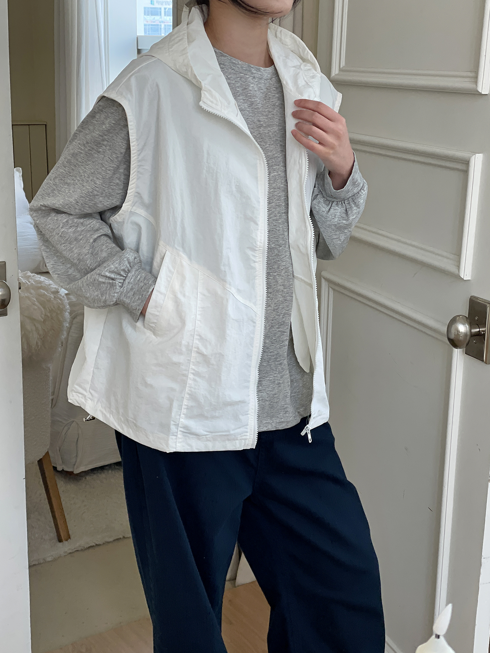 ジップアップフードポケットラインオーバーサイズドローコードルーズビッグ無地ジャンパーベスト | 詳細画像6