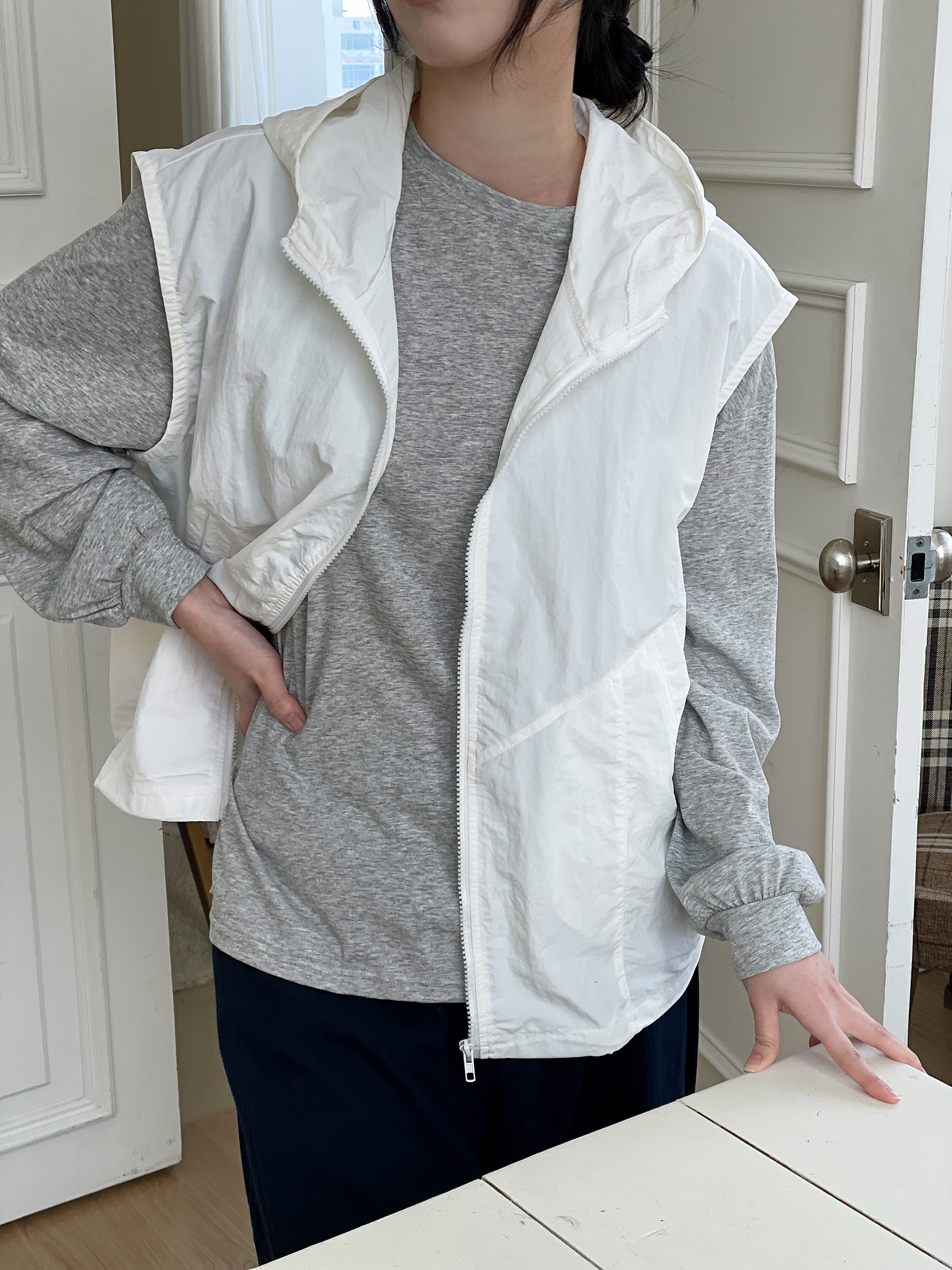 ジップアップフードポケットラインオーバーサイズドローコードルーズビッグ無地ジャンパーベスト | 詳細画像7