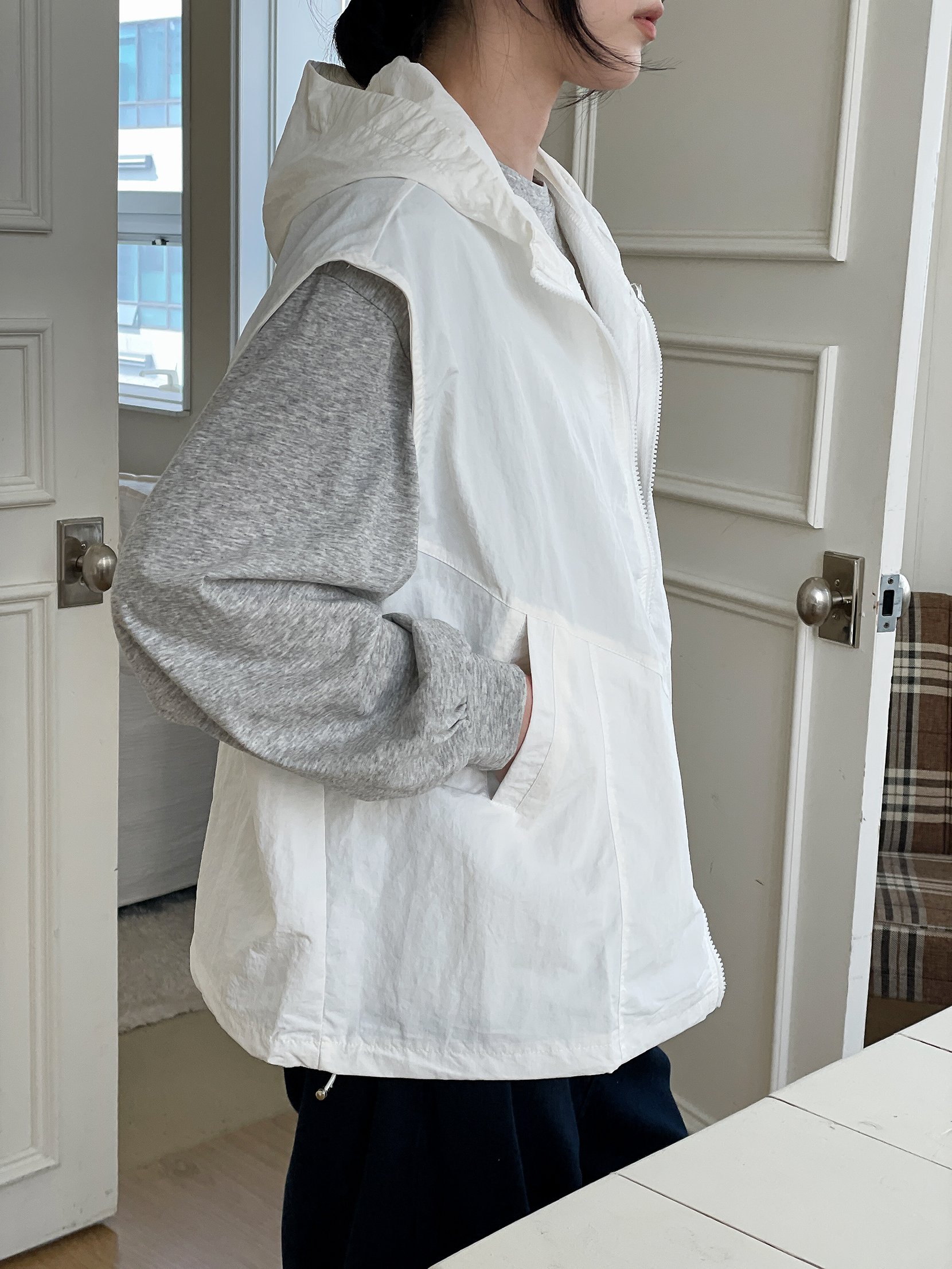 ジップアップフードポケットラインオーバーサイズドローコードルーズビッグ無地ジャンパーベスト | 詳細画像8