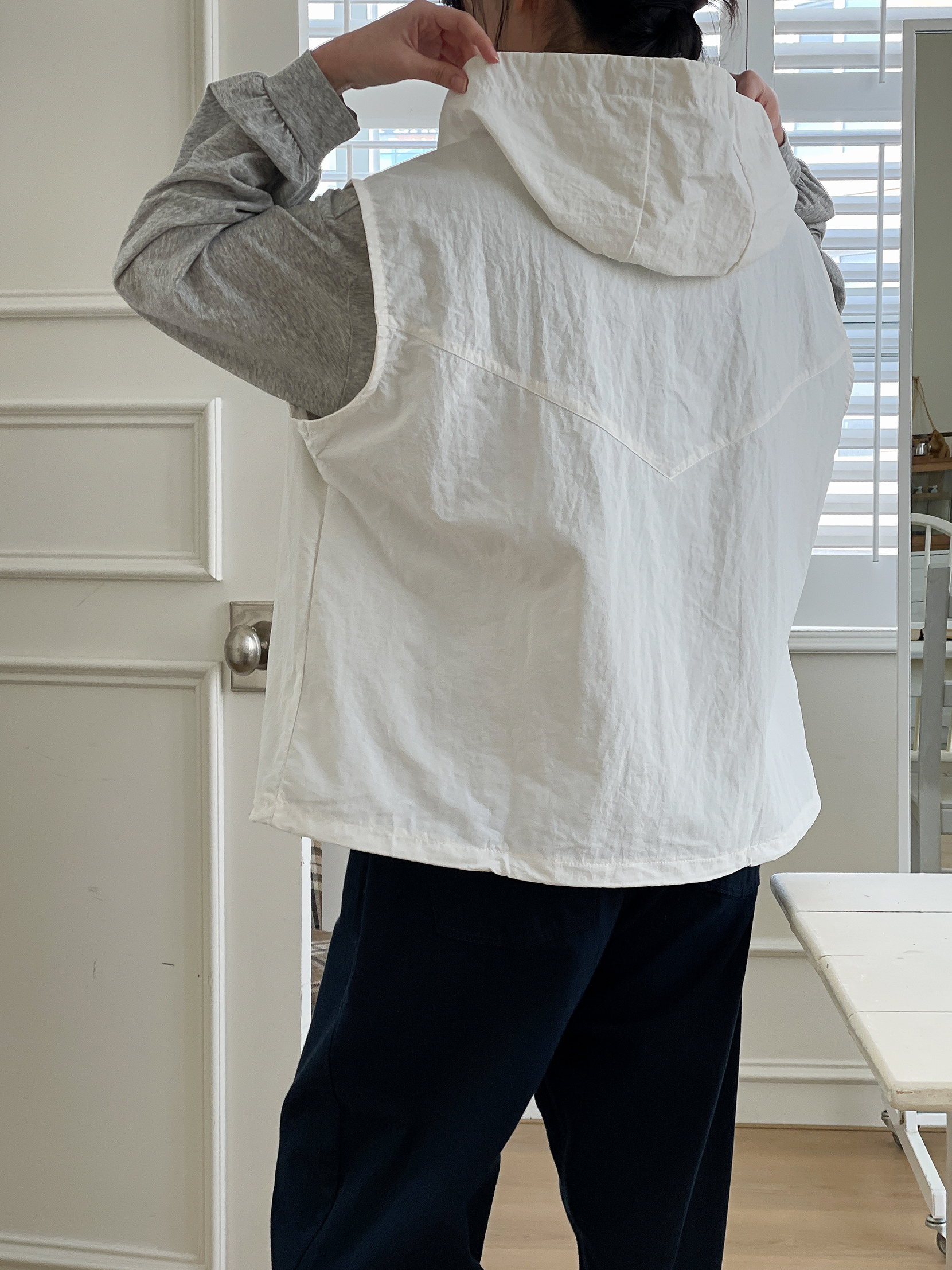 ジップアップフードポケットラインオーバーサイズドローコードルーズビッグ無地ジャンパーベスト | 詳細画像9