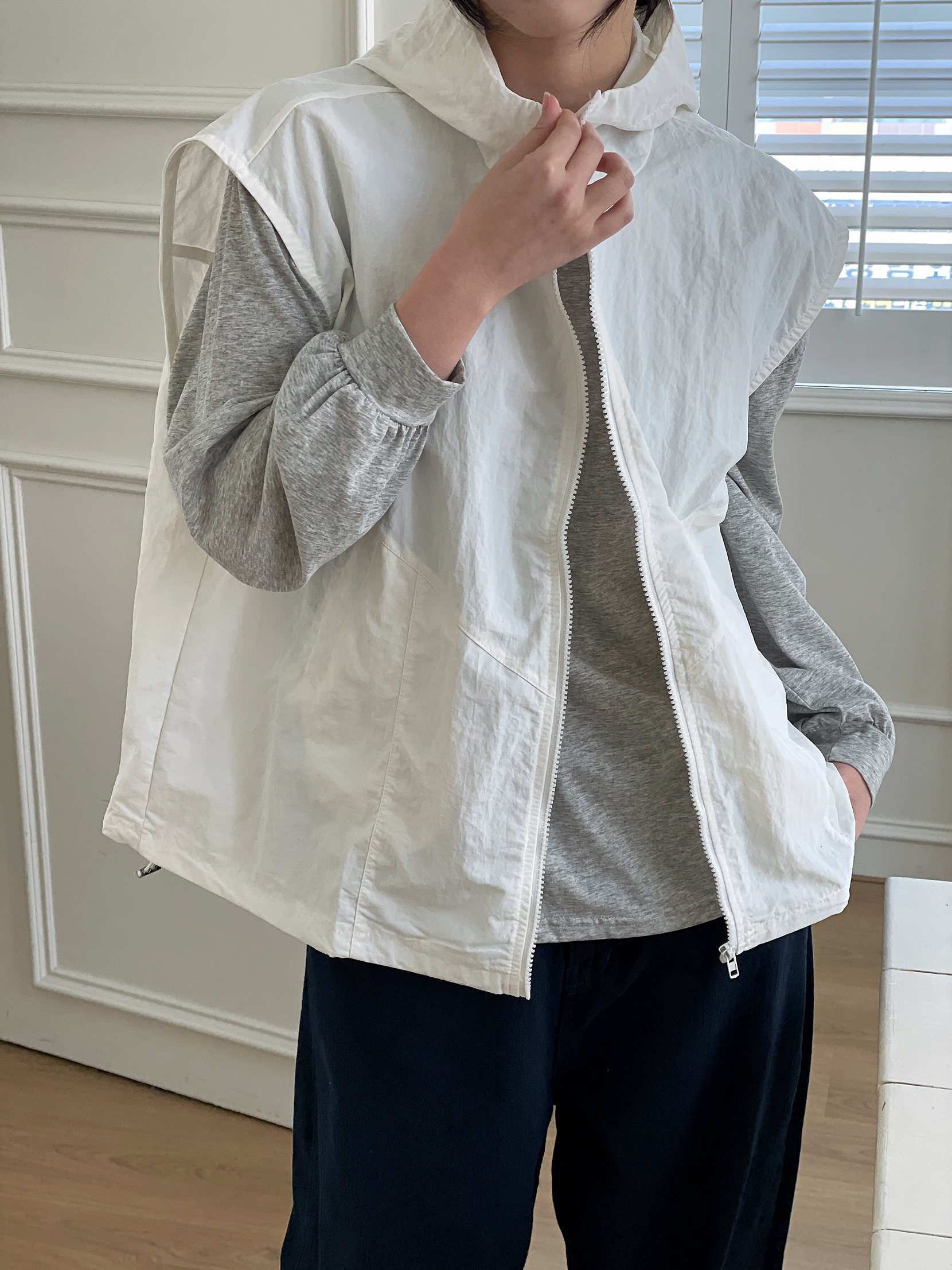 ジップアップフードポケットラインオーバーサイズドローコードルーズビッグ無地ジャンパーベスト | 詳細画像10