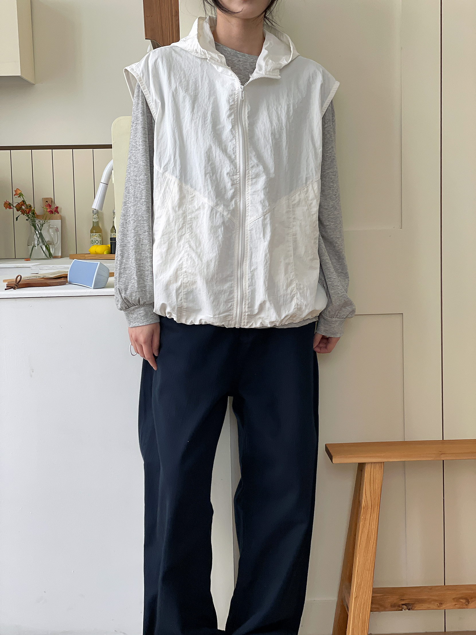 ジップアップフードポケットラインオーバーサイズドローコードルーズビッグ無地ジャンパーベスト | 詳細画像11