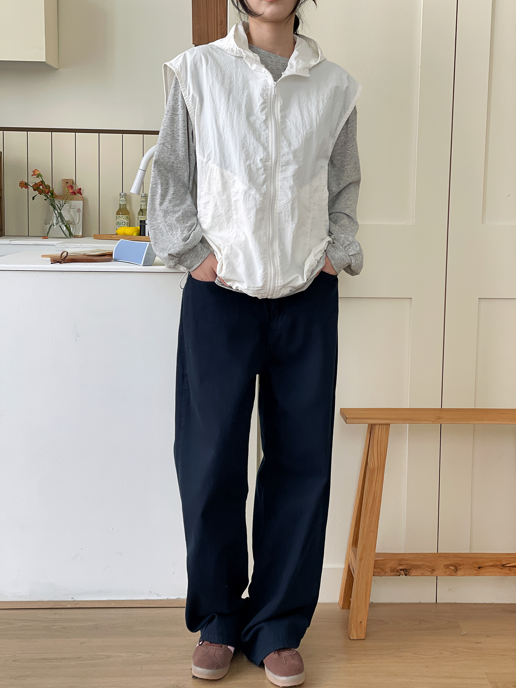 ジップアップフードポケットラインオーバーサイズドローコードルーズビッグ無地ジャンパーベスト | 詳細画像12