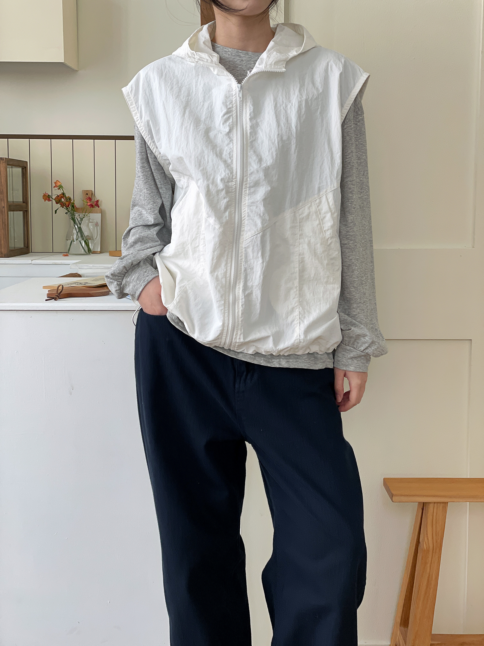 ジップアップフードポケットラインオーバーサイズドローコードルーズビッグ無地ジャンパーベスト | 詳細画像13