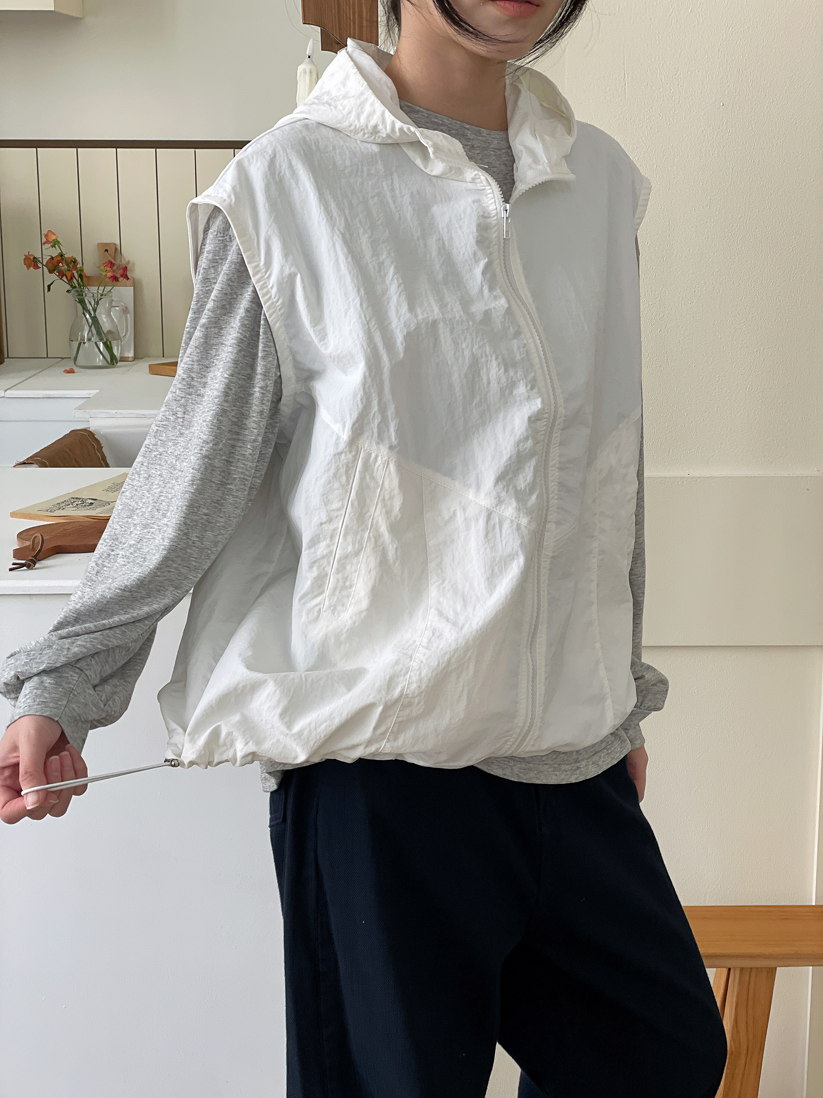 ジップアップフードポケットラインオーバーサイズドローコードルーズビッグ無地ジャンパーベスト | 詳細画像14