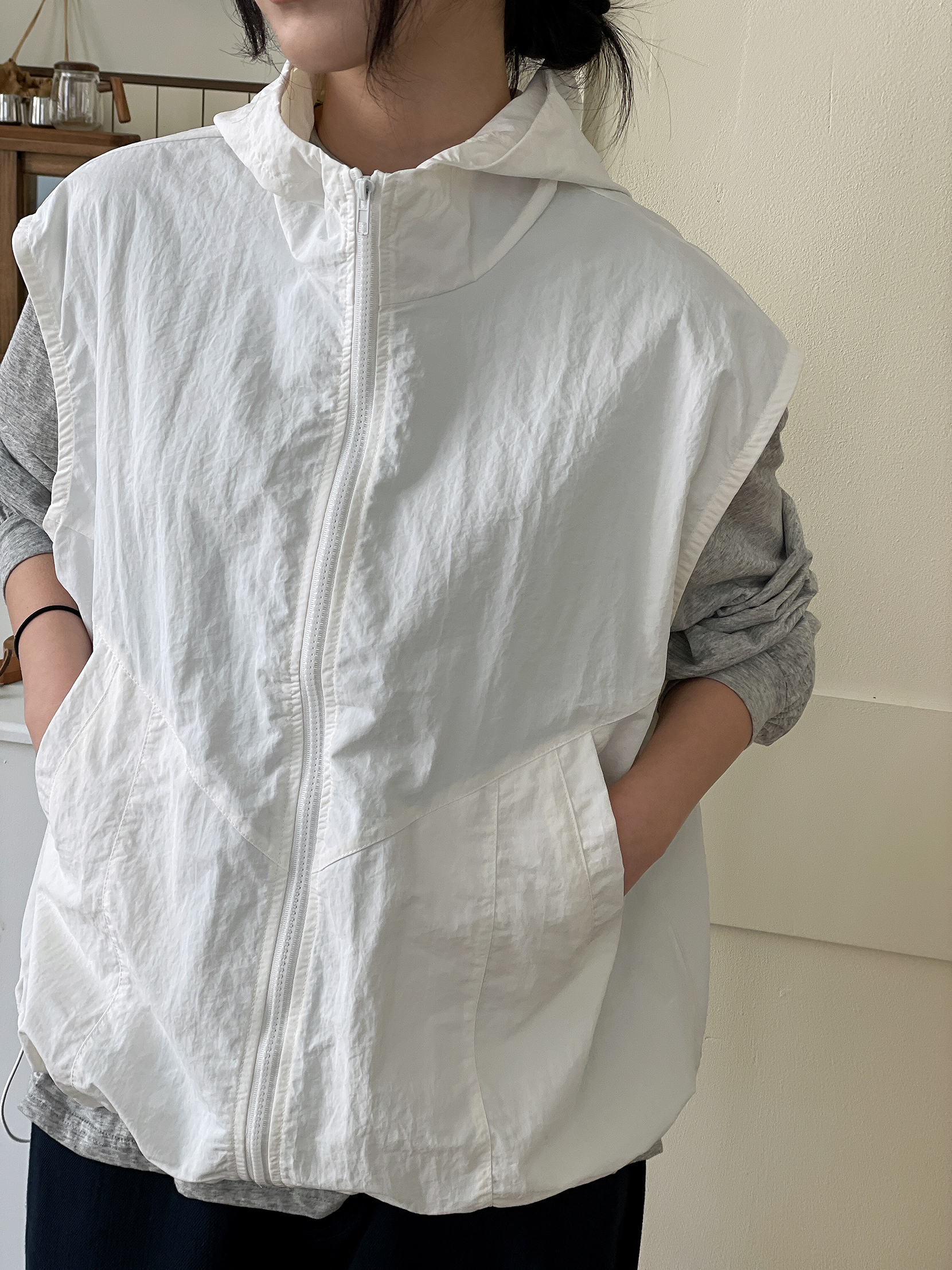 ジップアップフードポケットラインオーバーサイズドローコードルーズビッグ無地ジャンパーベスト | 詳細画像16