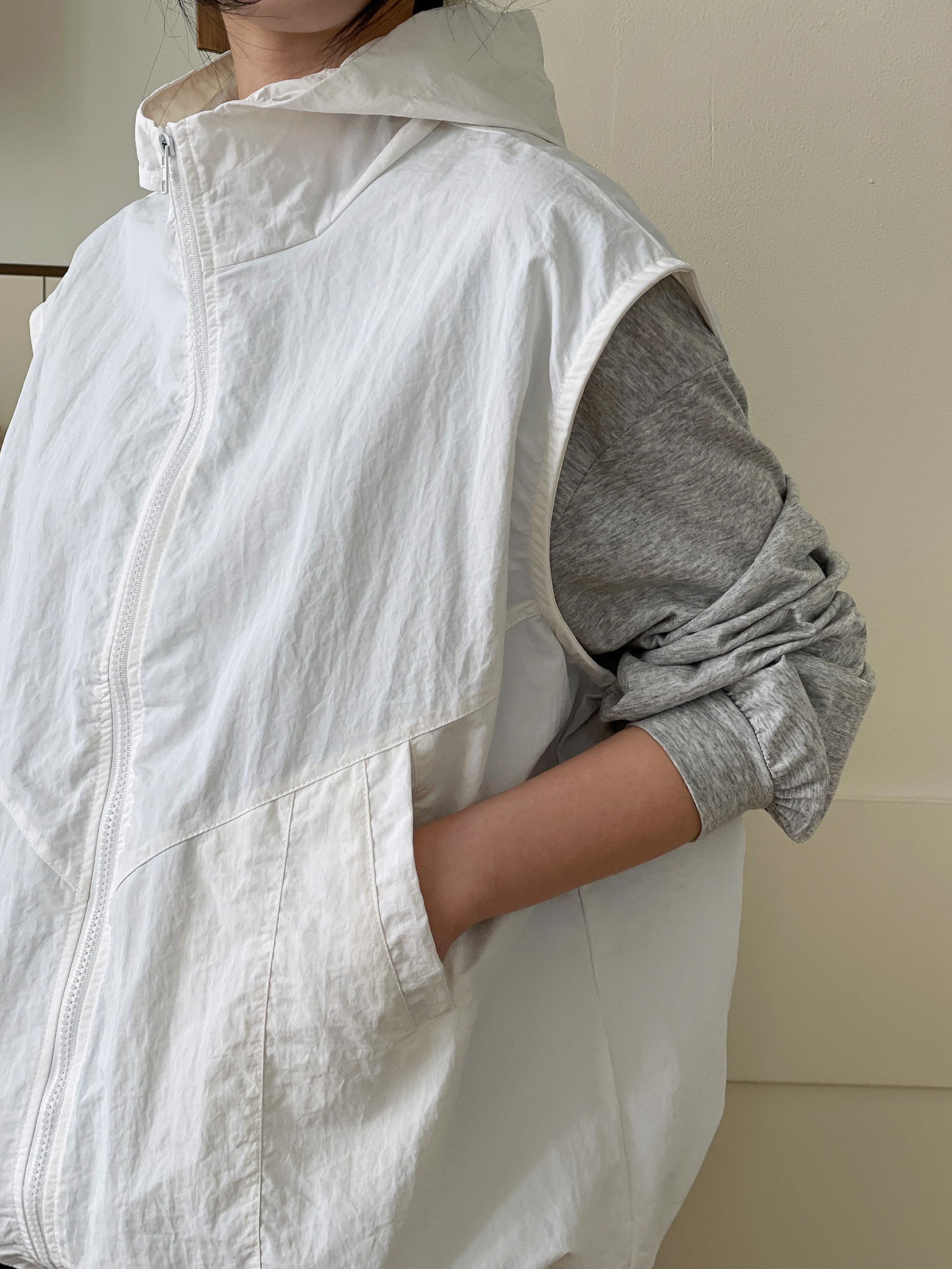 ジップアップフードポケットラインオーバーサイズドローコードルーズビッグ無地ジャンパーベスト | 詳細画像17
