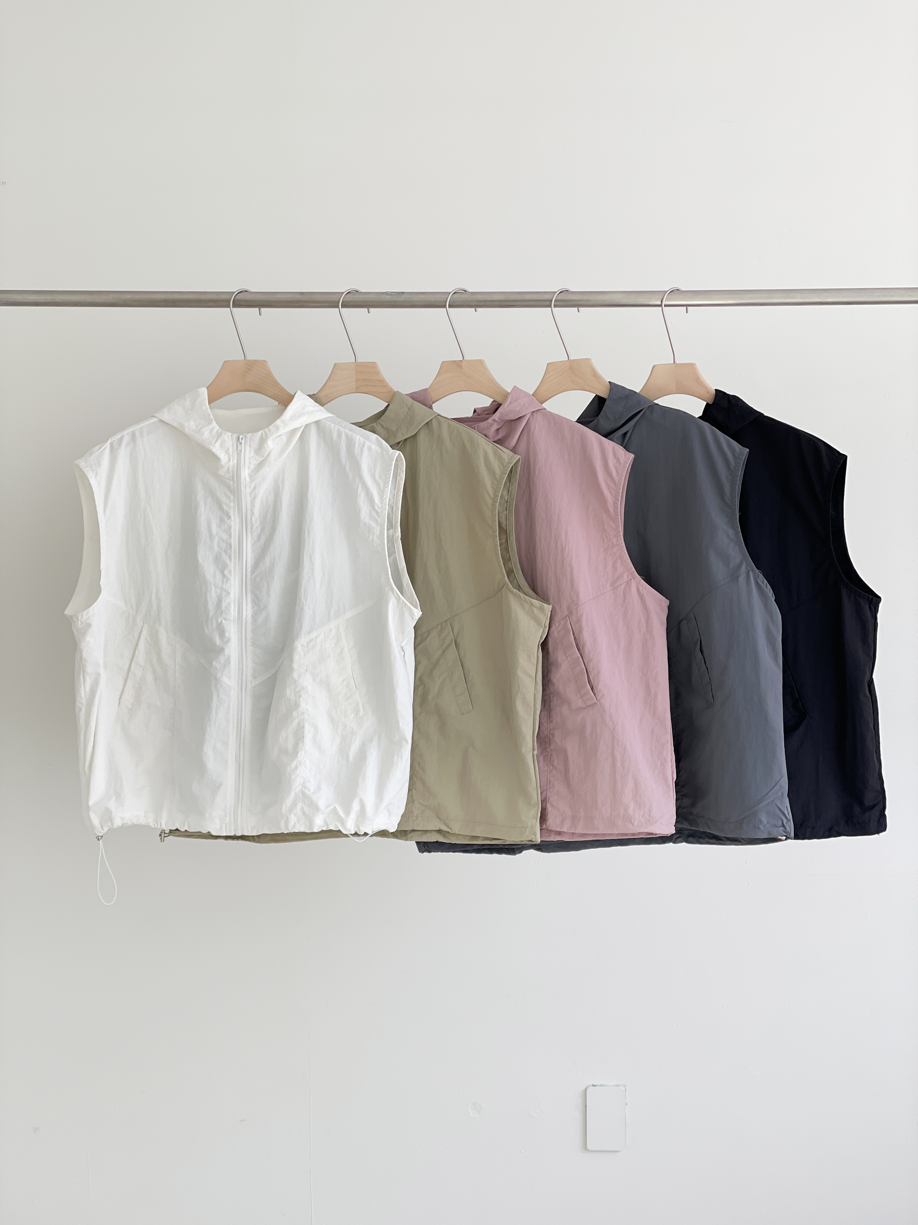 ジップアップフードポケットラインオーバーサイズドローコードルーズビッグ無地ジャンパーベスト | 詳細画像18