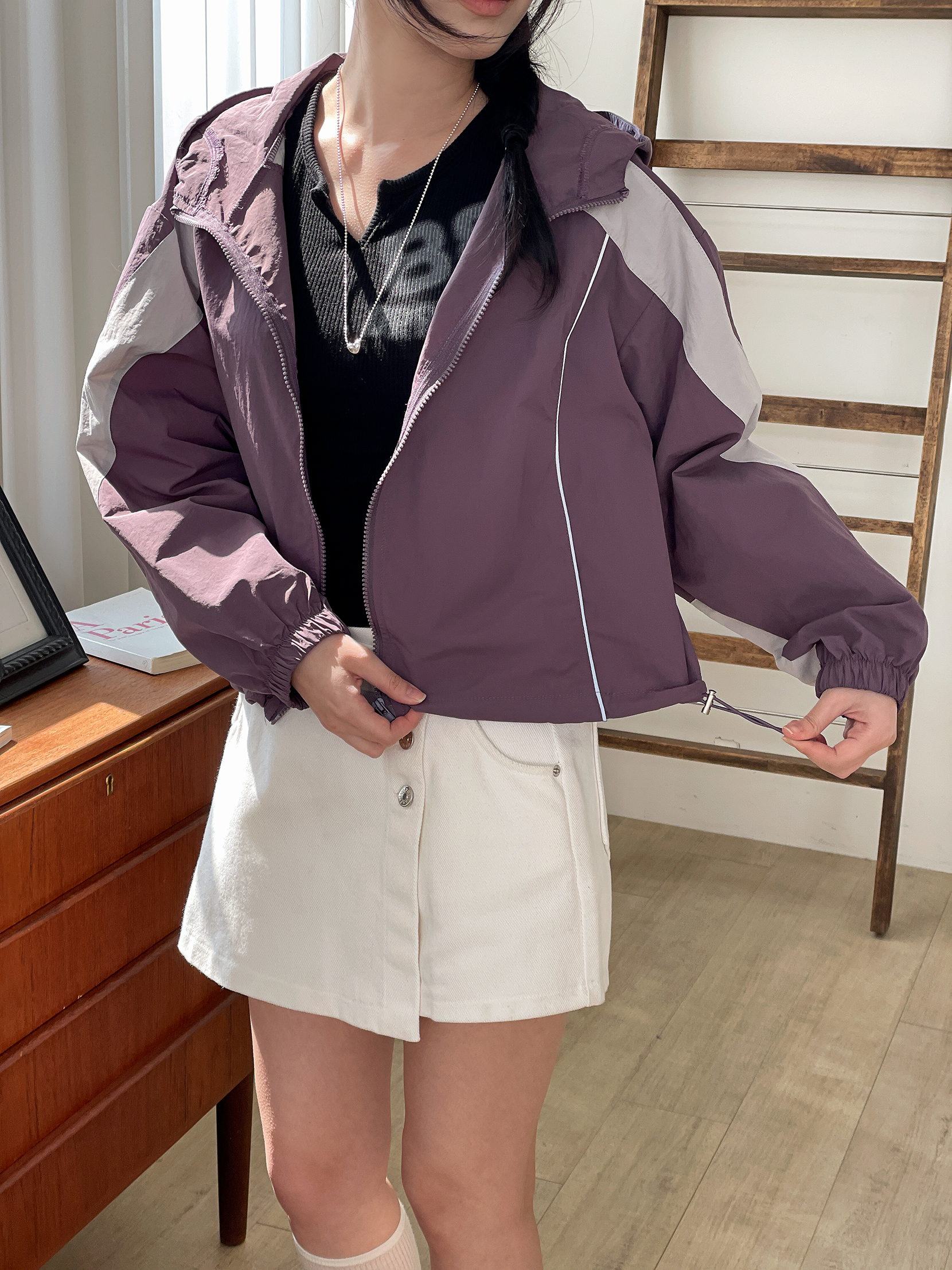 ジップアップハイネックフードゴムポケットドローコード長袖配色ジャンパー | 詳細画像6