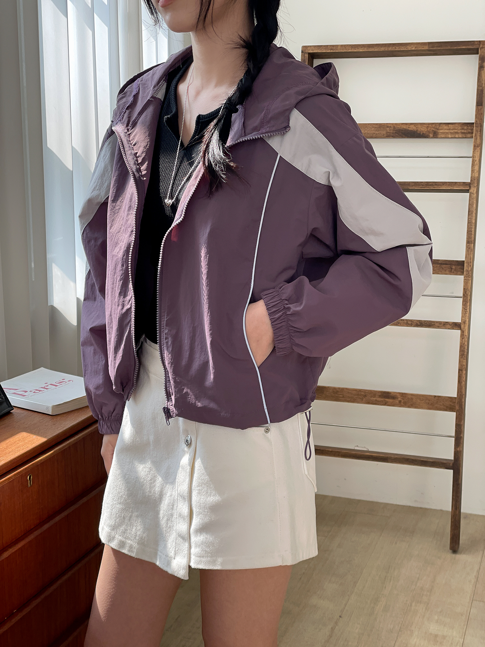 ジップアップハイネックフードゴムポケットドローコード長袖配色ジャンパー | 詳細画像7