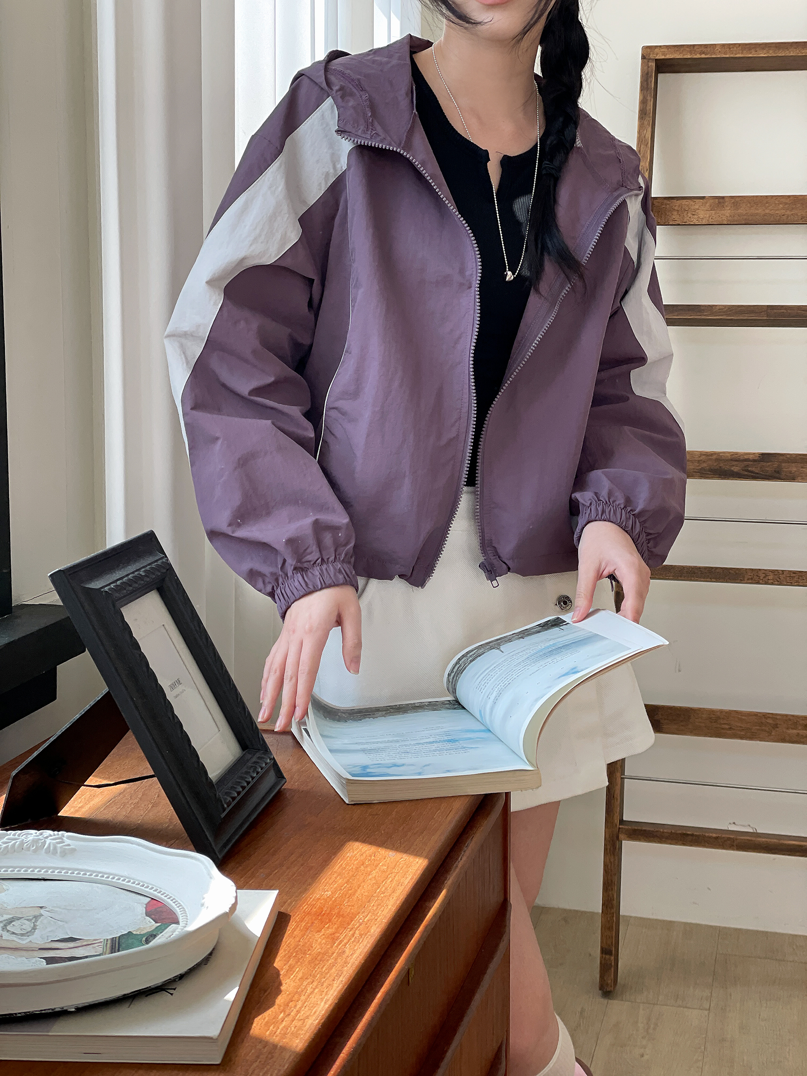 ジップアップハイネックフードゴムポケットドローコード長袖配色ジャンパー | 詳細画像8