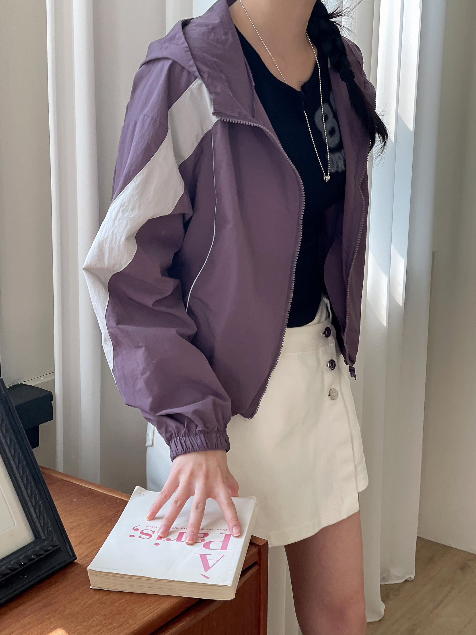 ジップアップハイネックフードゴムポケットドローコード長袖配色ジャンパー | 詳細画像9