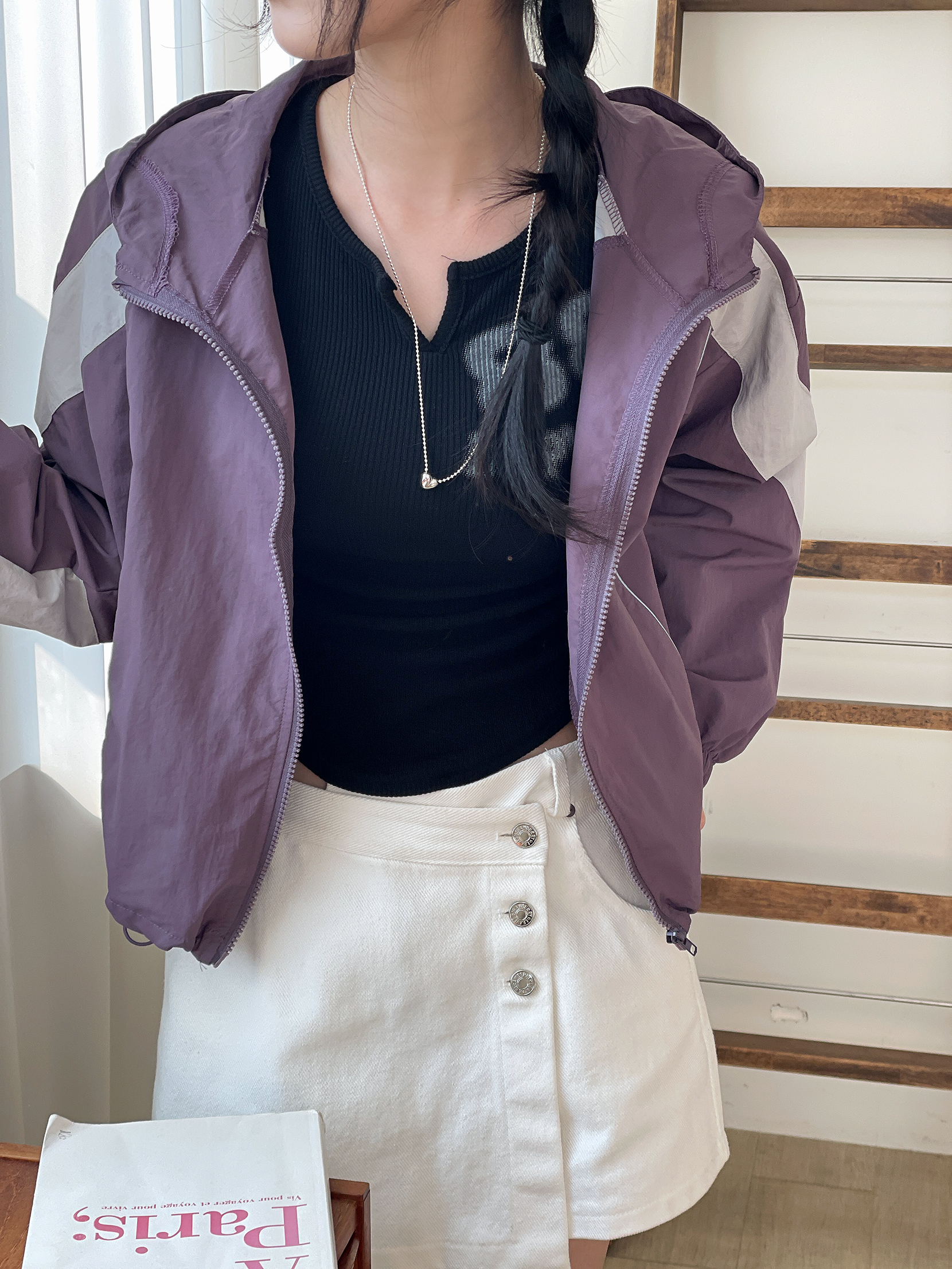 ジップアップハイネックフードゴムポケットドローコード長袖配色ジャンパー | 詳細画像10