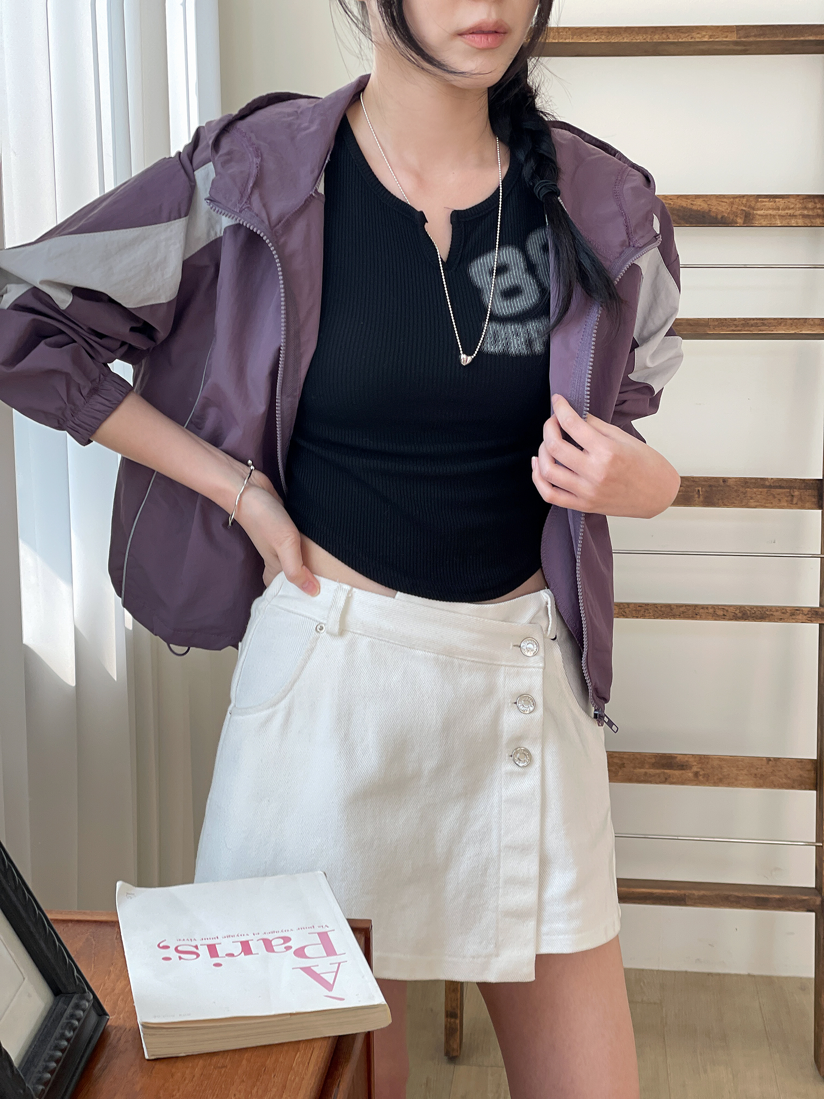 ジップアップハイネックフードゴムポケットドローコード長袖配色ジャンパー | 詳細画像11