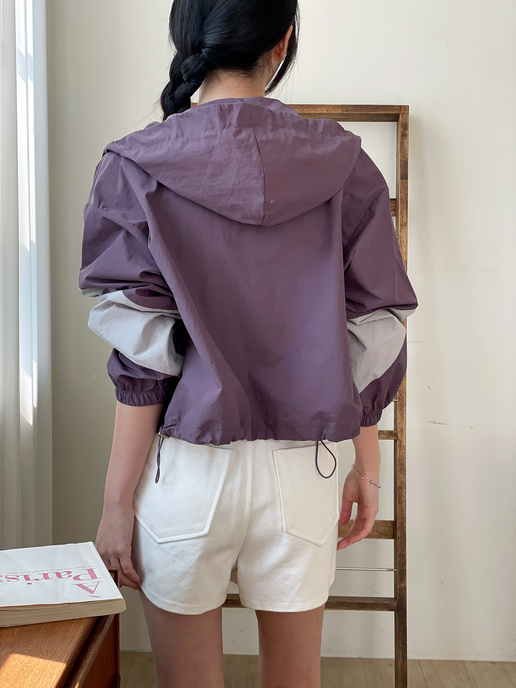 ジップアップハイネックフードゴムポケットドローコード長袖配色ジャンパー | 詳細画像12