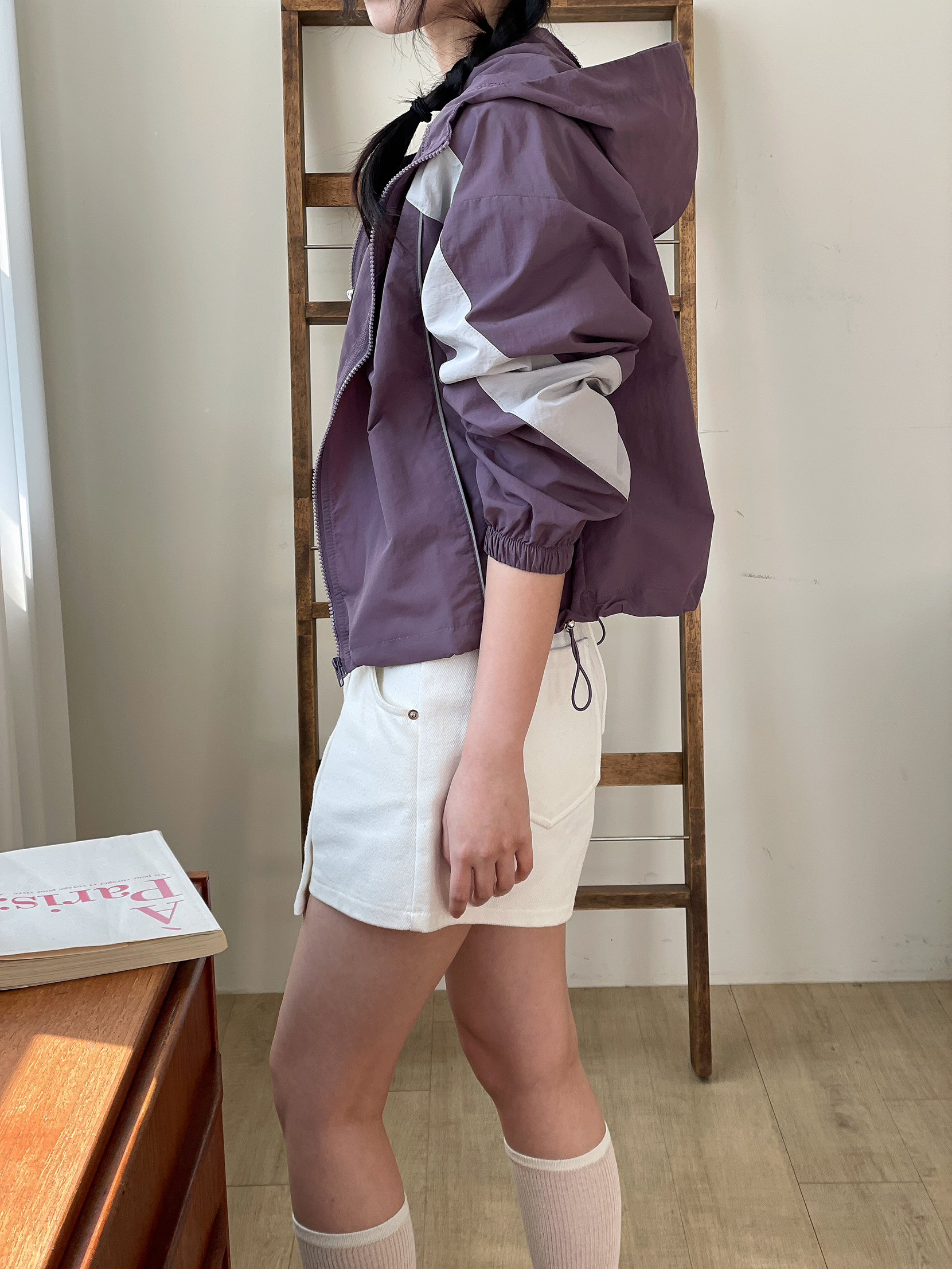 ジップアップハイネックフードゴムポケットドローコード長袖配色ジャンパー | 詳細画像13