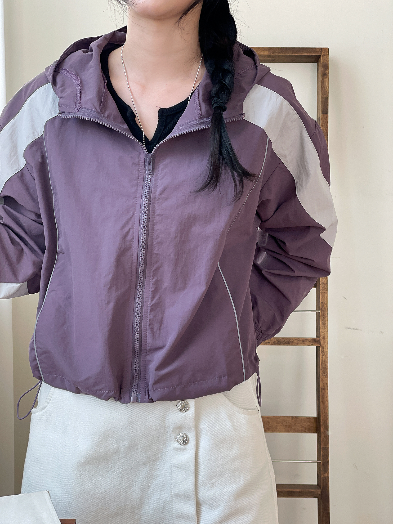 ジップアップハイネックフードゴムポケットドローコード長袖配色ジャンパー | 詳細画像15