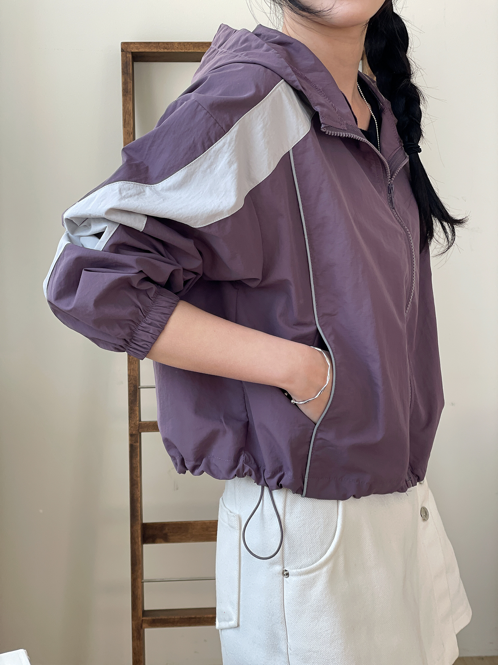 ジップアップハイネックフードゴムポケットドローコード長袖配色ジャンパー | 詳細画像17